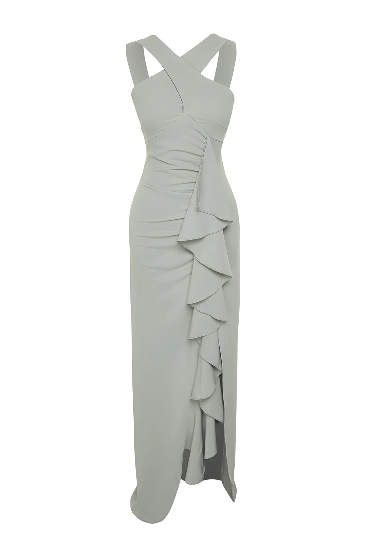 Trendyol Collection  Mintgrünes, gewebtes langes Abendkleid mit Rüschen TPRSS24AE00091