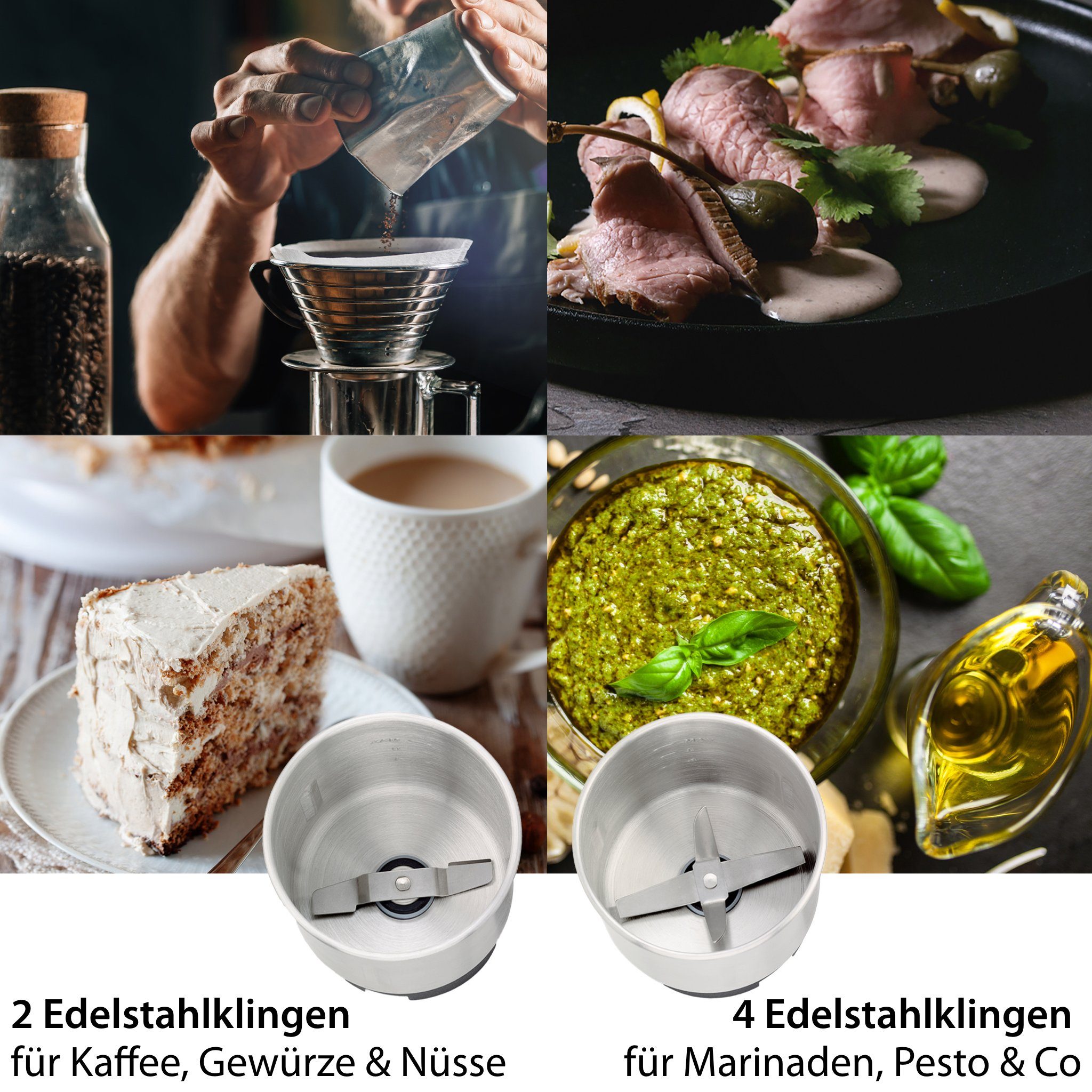 ADE Kaffeemühle Elektrische Kaffeemühle mit 2 Mahlbehältern für Kaffee, Kräuter, Pesto, 300 W, Schlagmesser, 80,00 g Bohnenbehälter, stufenloser Mahlgrad, scharfe Edelstahlklingen, starker Motor