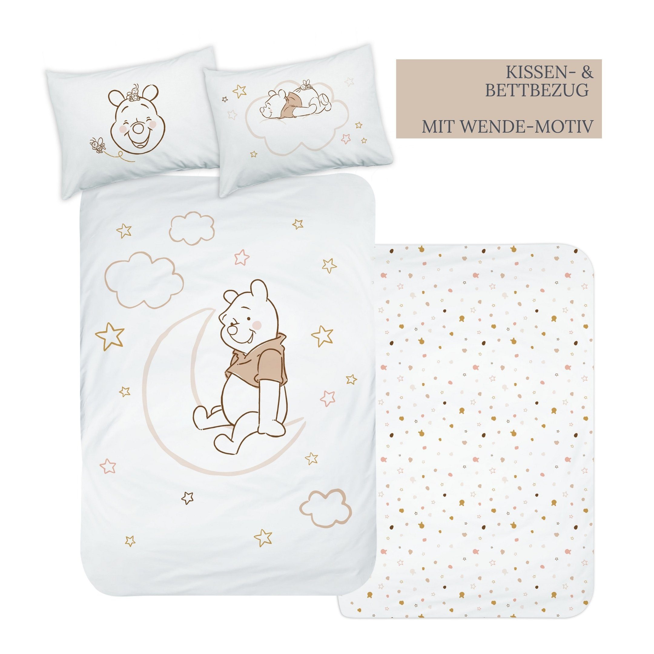 Babybettwäsche Winnie Pooh 100x135 + 40x60 cm, 100 % Baumwolle Biber, MTOnlinehandel, Flanell, 2 teilig, 's Winnie Pooh, Mond & Sterne für Kinder, Mädchen und Jungen