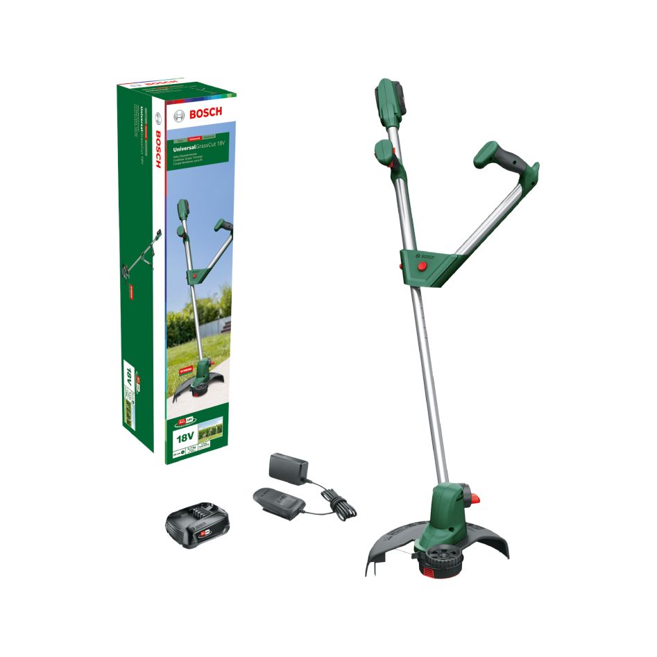 Desbrozadora inalámbrica Bosch Green 06008C1D05 UniversalGrassCut 18-260 con 2 baterías de 2,0 Ah y cargador AL1810CV en caja.