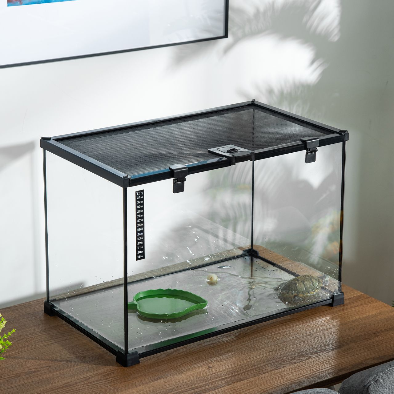 PawHut Terrarium für Reptilien Reptile Fütterungsbox Glasterrarium Amphibien Spinnentiere mit Thermometer Reptilienzuchtbox Metall Schwarz 50 x 30 x 35 cm