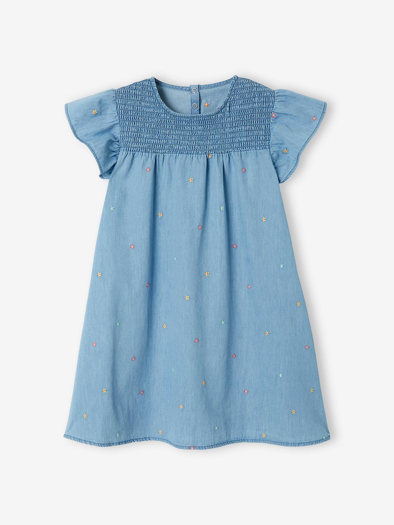 Ensemble 2 pièces robe brodée en denim et legging fille bleu