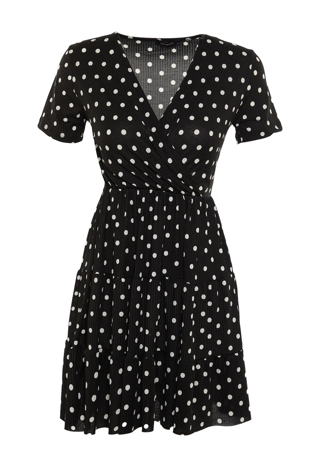 Trendyol Collection  Schwarzes, flexibles Mini-Strickkleid mit zweireihigem Ausschnitt und Tupfenmuster TWOSS21EL0241