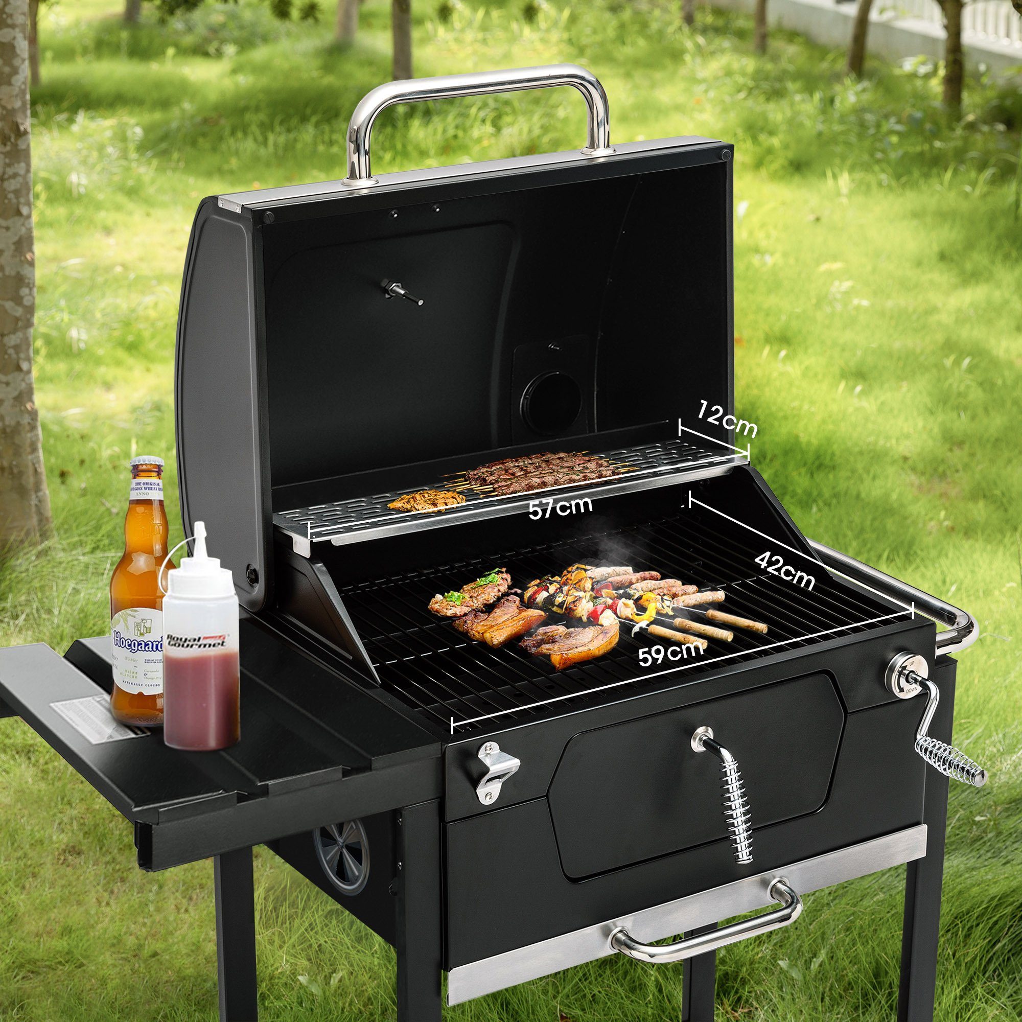 Royal Gourmet Holzkohlegrill, Grillwagen mit Deckel, Standgrill, 100 x 64,5 x 119,5 cm (L x W x H)