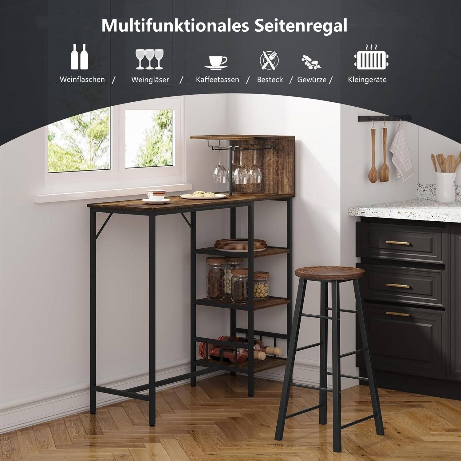 Woltu Bartisch (1 Tisch mit 2 Hocker), mit 3 Ablagen Weinregal Glashalter
