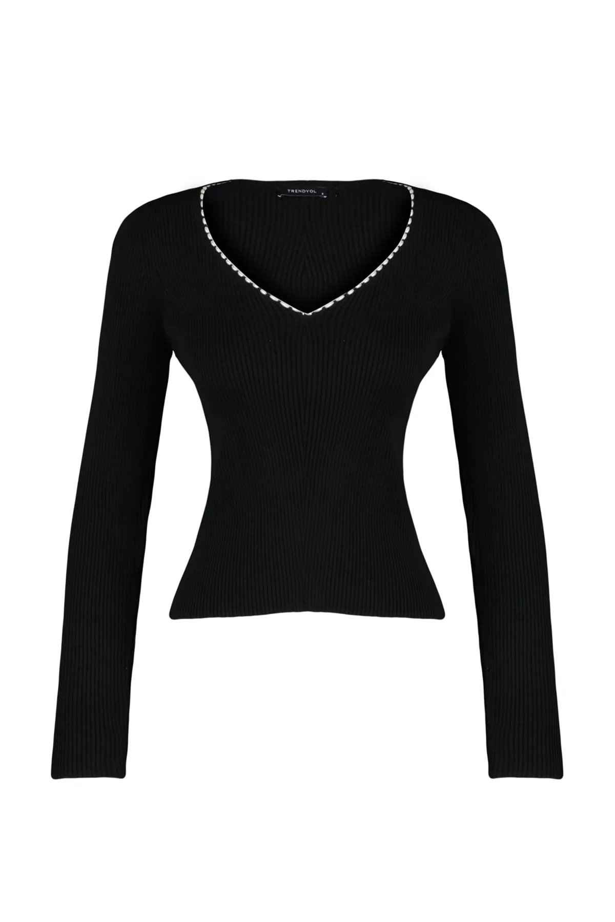 Trendyol Collection  Schwarzer Strickpullover mit Perlendetails und V-Ausschnitt TWOAW24KZ00664