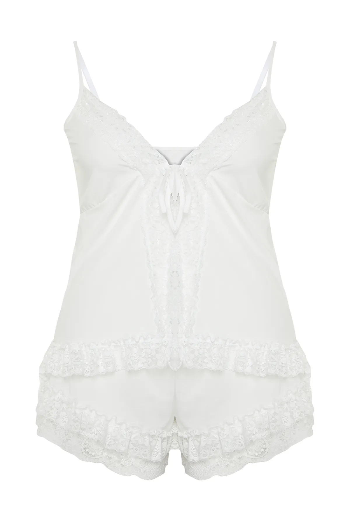 Trendyol Curve  Weißes gestricktes Brautpyjama-Set mit Schnürdetail auf der Vorderseite TBSSS24DG00006