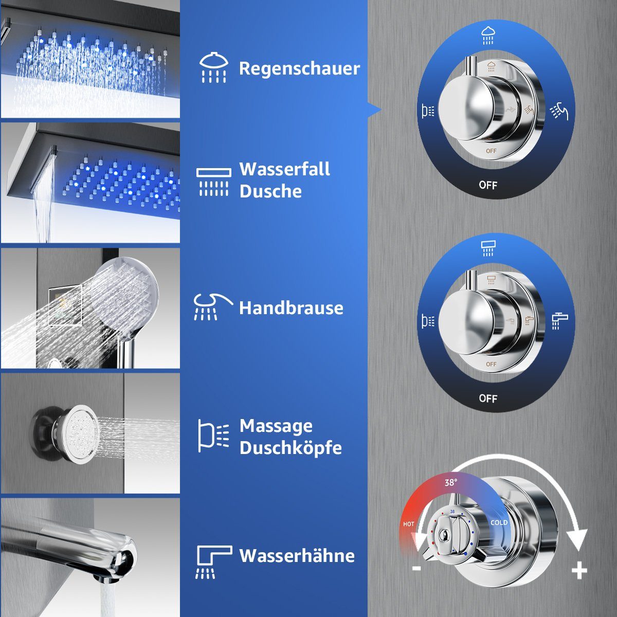 MULISOFT Brausegarnitur 6 in 1 Duschsäule Massagedusche, Regendusche,Handbrause Wanneneinlauf, 6 Strahlart(en), Duschpaneel Edelstahl mit Thermostat für Badezimmer Dusche