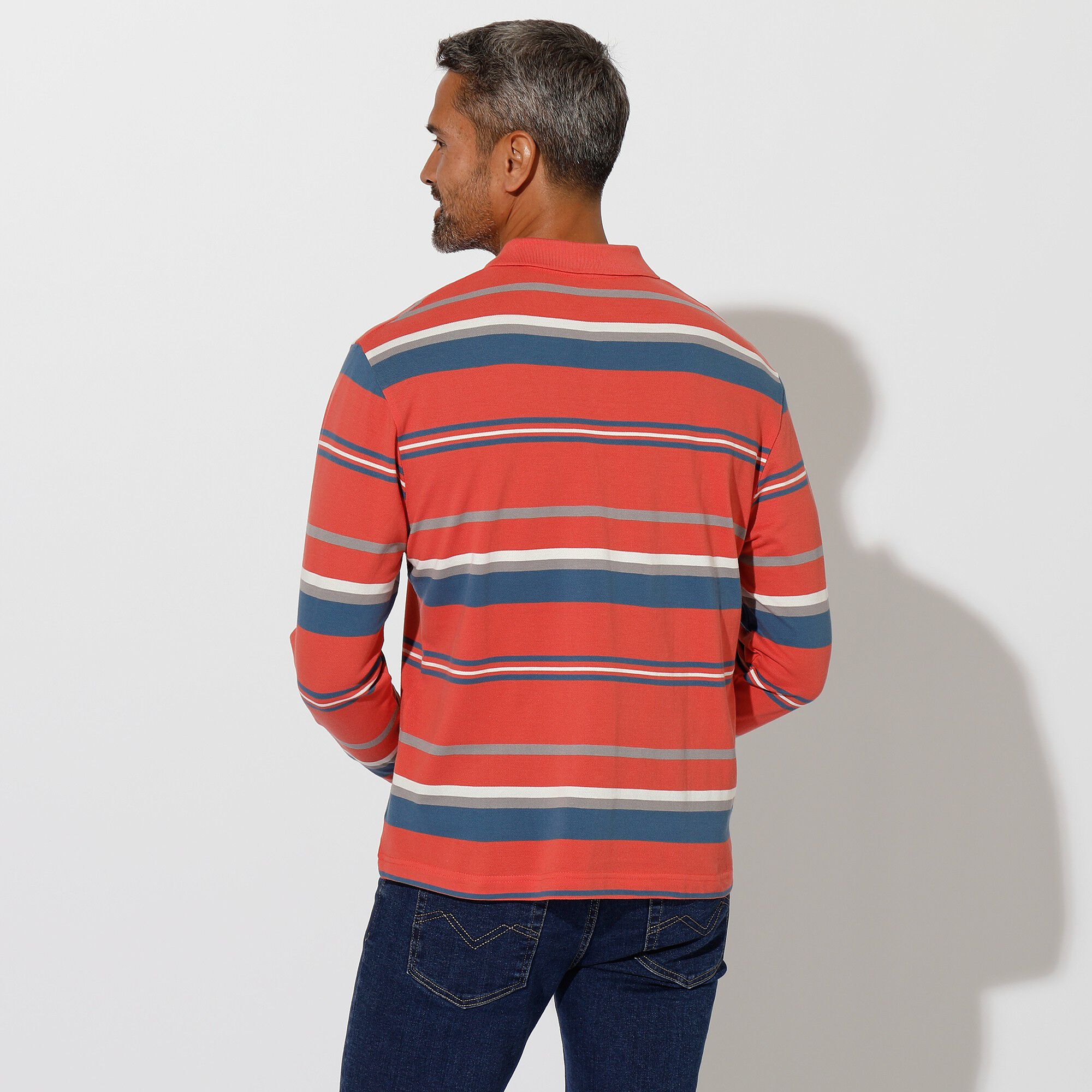 Polo maille piquée rayée, manches longues