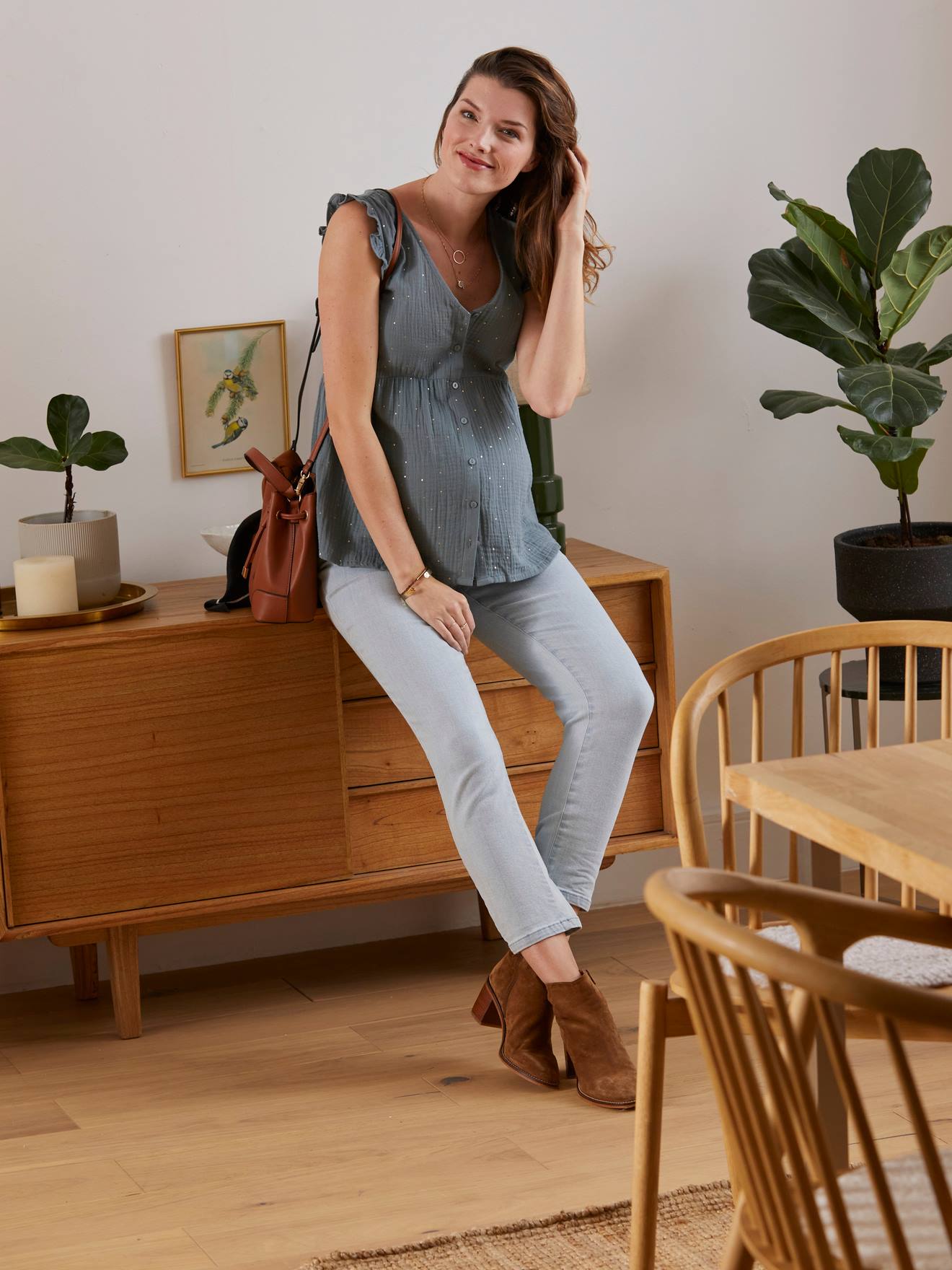Blouse de grossesse et d'allaitement gaze de coton vert