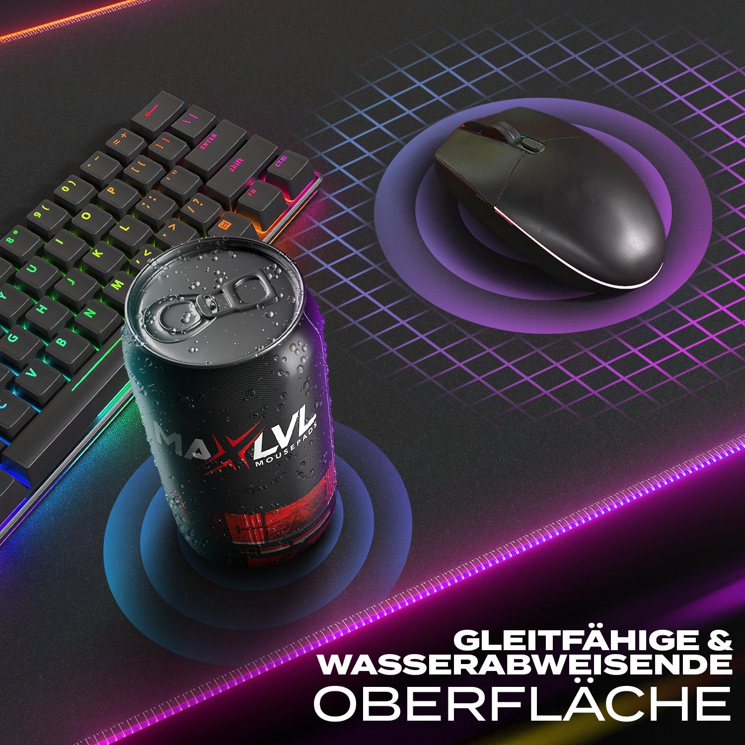 MAXLVL Gaming Mauspad XXL Gaming RGB Mauspad groß - 800 x 300 mm, 14 Beleuchtungs Modi - 7 LED Farben - rutschfest