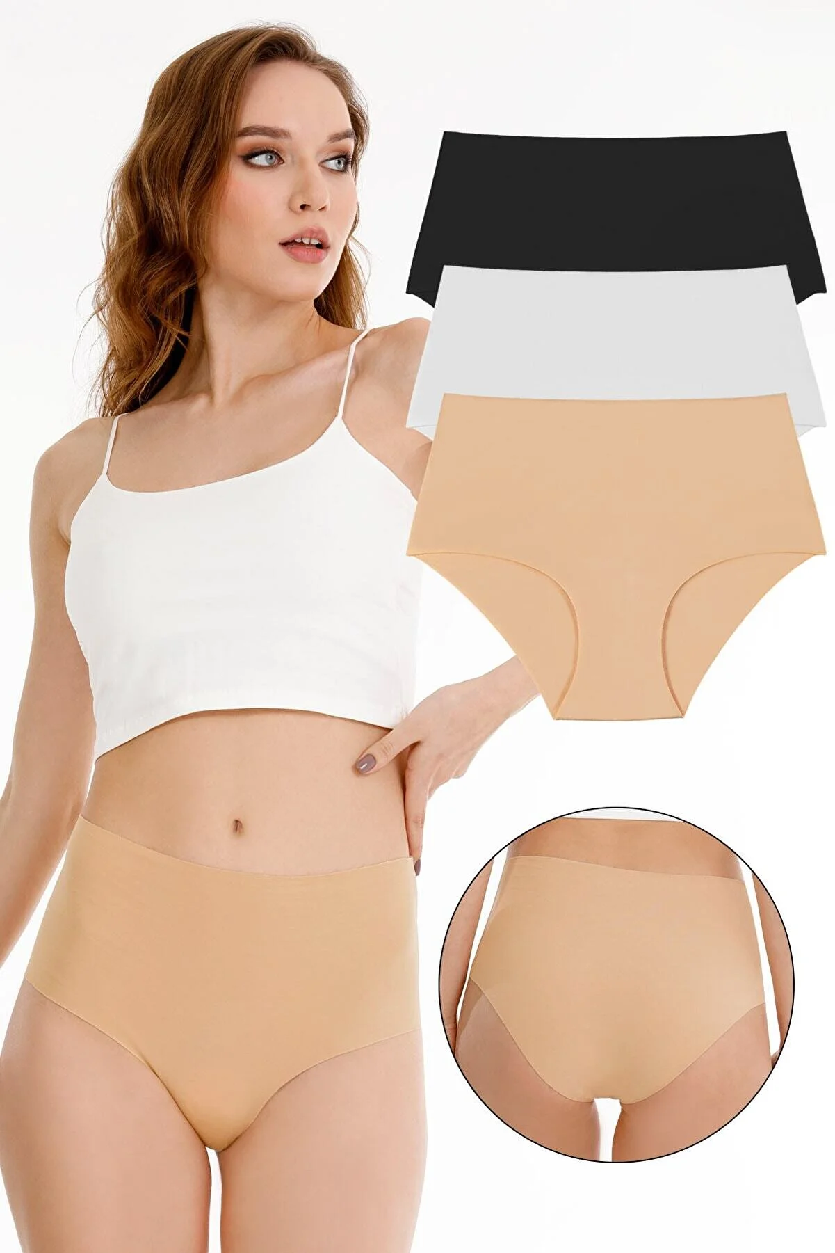 Sensu  Damen - Lasergeschnittenes nahtloses 3-teiliges Höschenset mit hoher Taille aus Baumwolle Kts2019