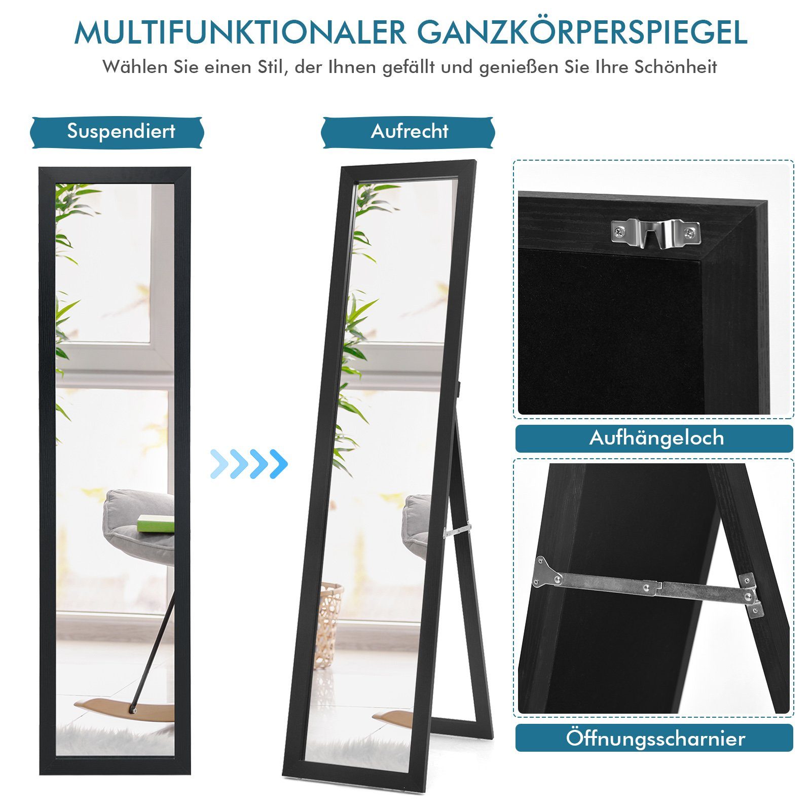 COSTWAY Ganzkörperspiegel, mit klappbarem Holzrahmen, stehend/hängend 37x155cm