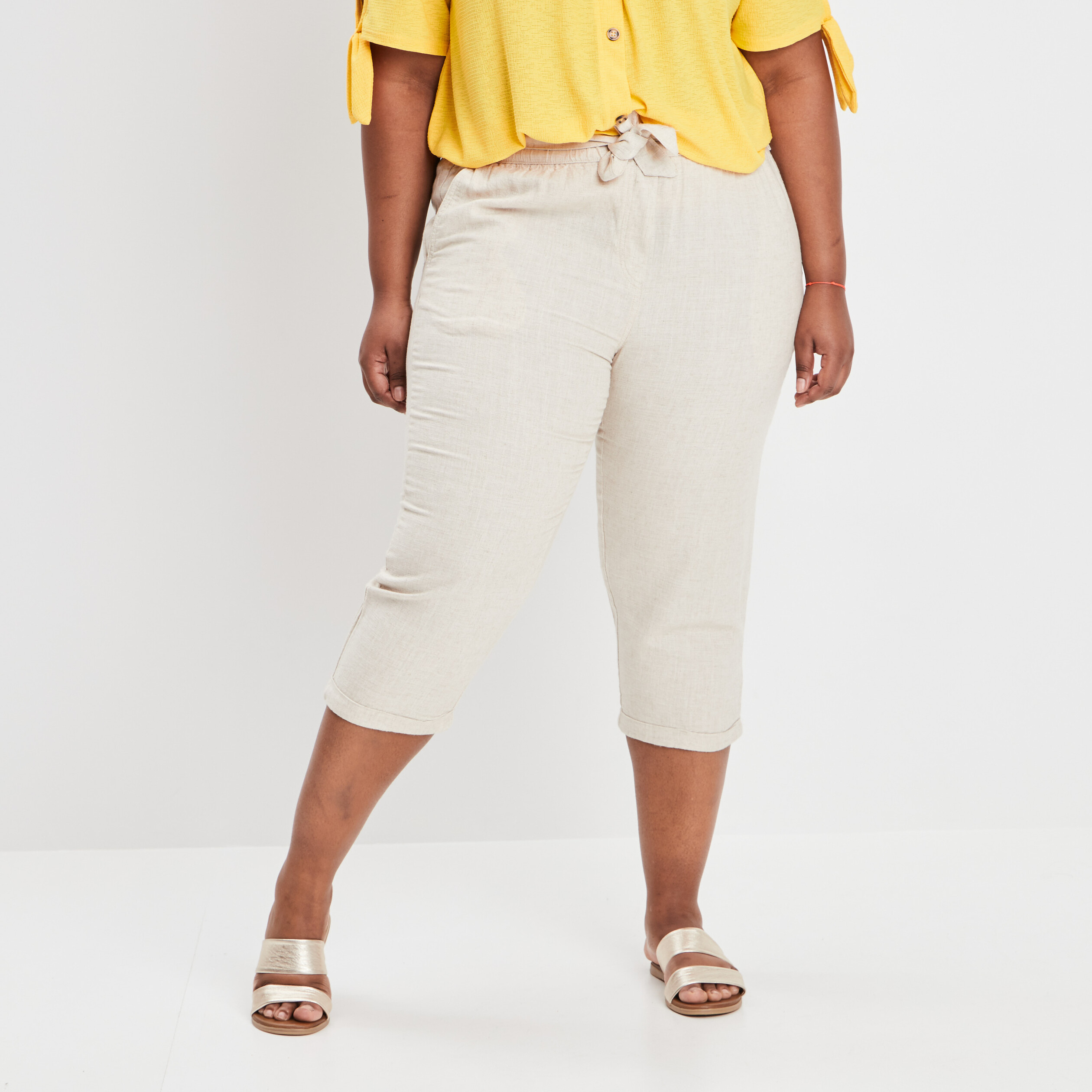 Pantacourt droit ceinturé mélange de lin sable femme grande taille | La Halle