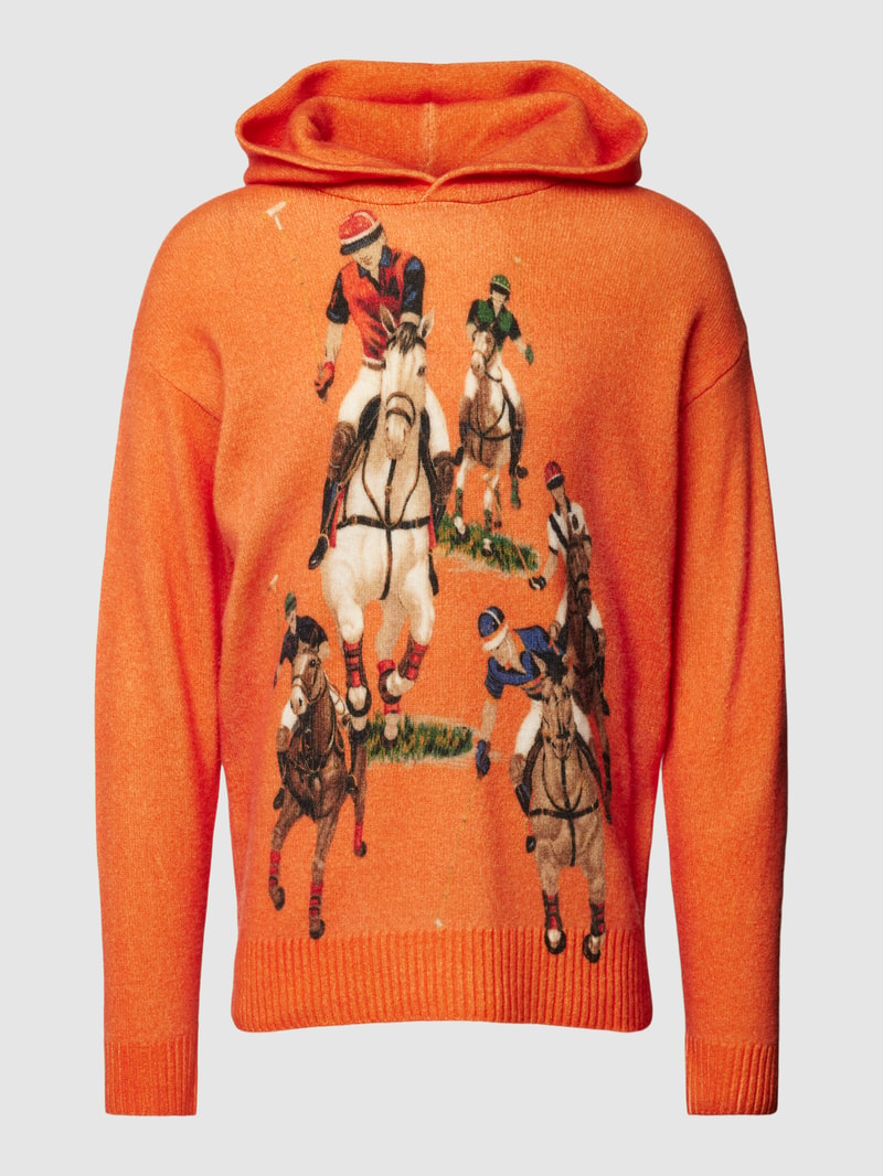 Strickpullover aus Wolle mit Motiv-Stitching in orange