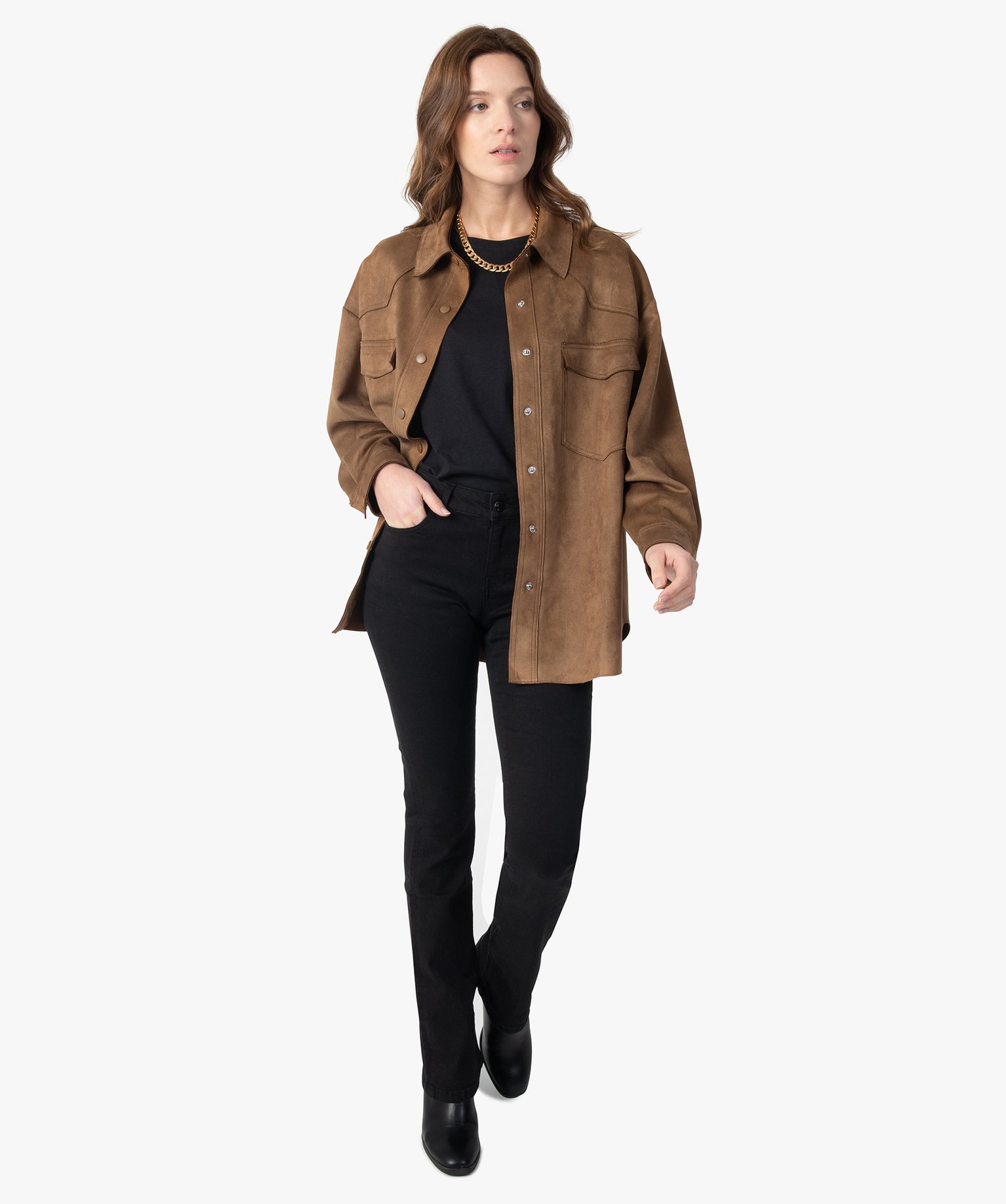 Veste femme forme chemise en suédine camel | GEMO