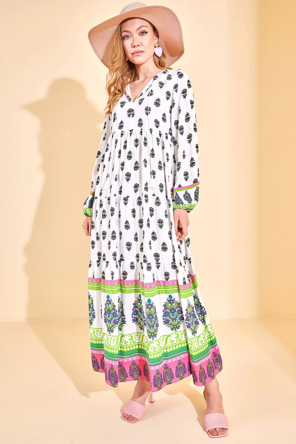 XHAN  Grün gemustertes Maxikleid für Damen 2YZK6-12689-08