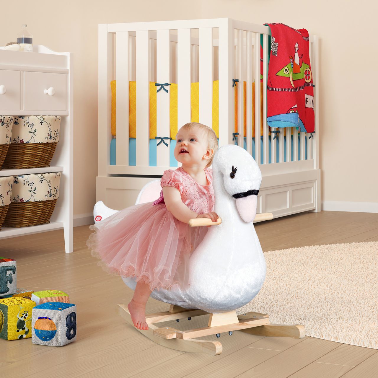 HOMCOM Kinder Schaukelpferd Baby Schaukeltier Schwan mit Musik Spielzeug Haltegriffe ab 18 Monate Plüsch Rosa Weiß 60 x 32 x 55 cm