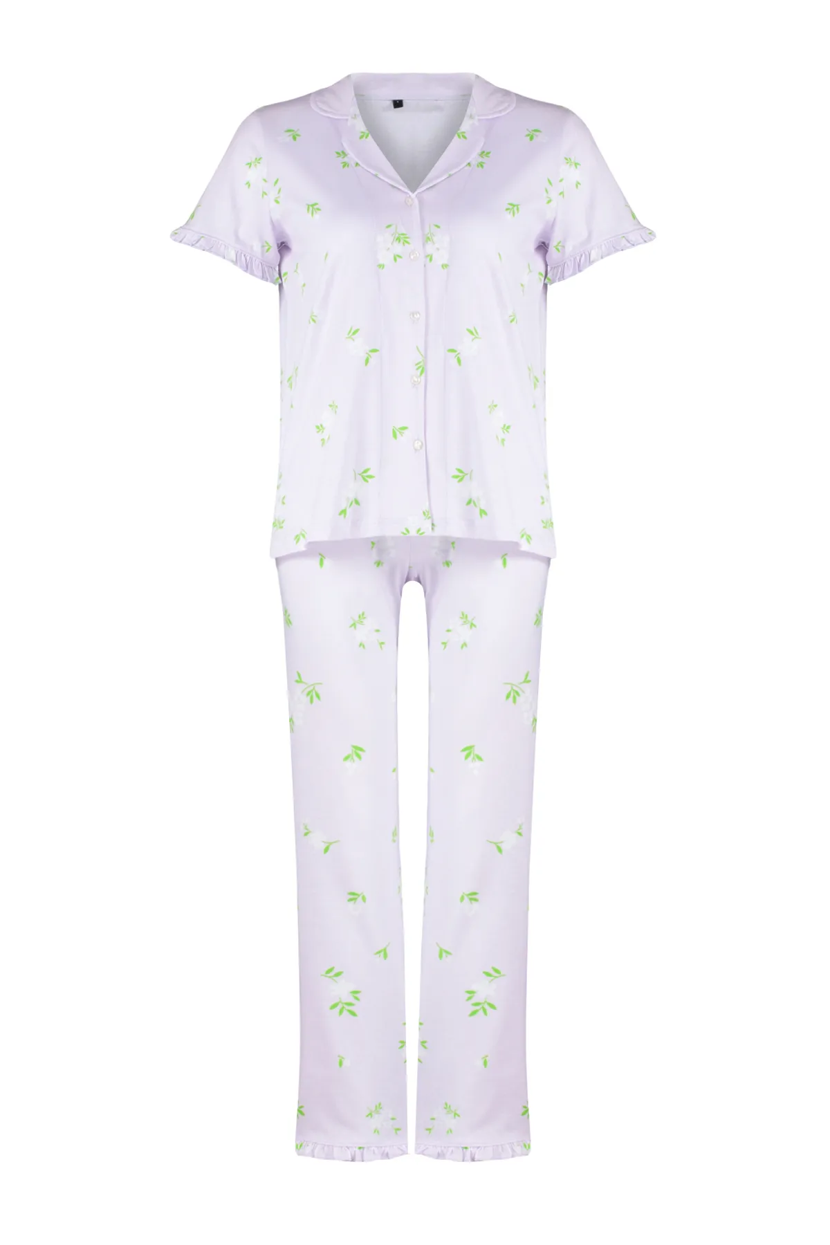 Trendyol Collection  Rosa-Mehrfarbiges, gestricktes Pyjama-Set aus 100 % Baumwolle mit Blumenrüschen und Details THMSS24PT00227