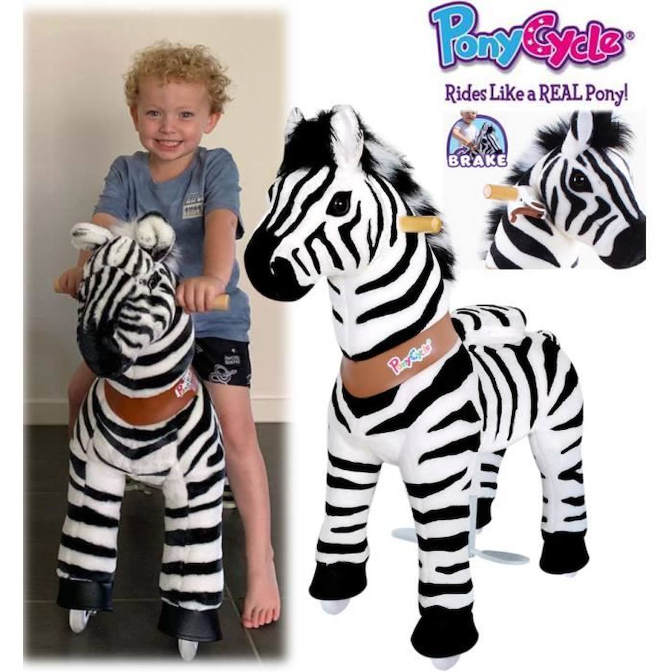 PonyCycle Modèle U Monter à cheval Animal qui marche Zebra à roues avec frein et son Taille 4 pour les 4-8 ans Ux468 noir