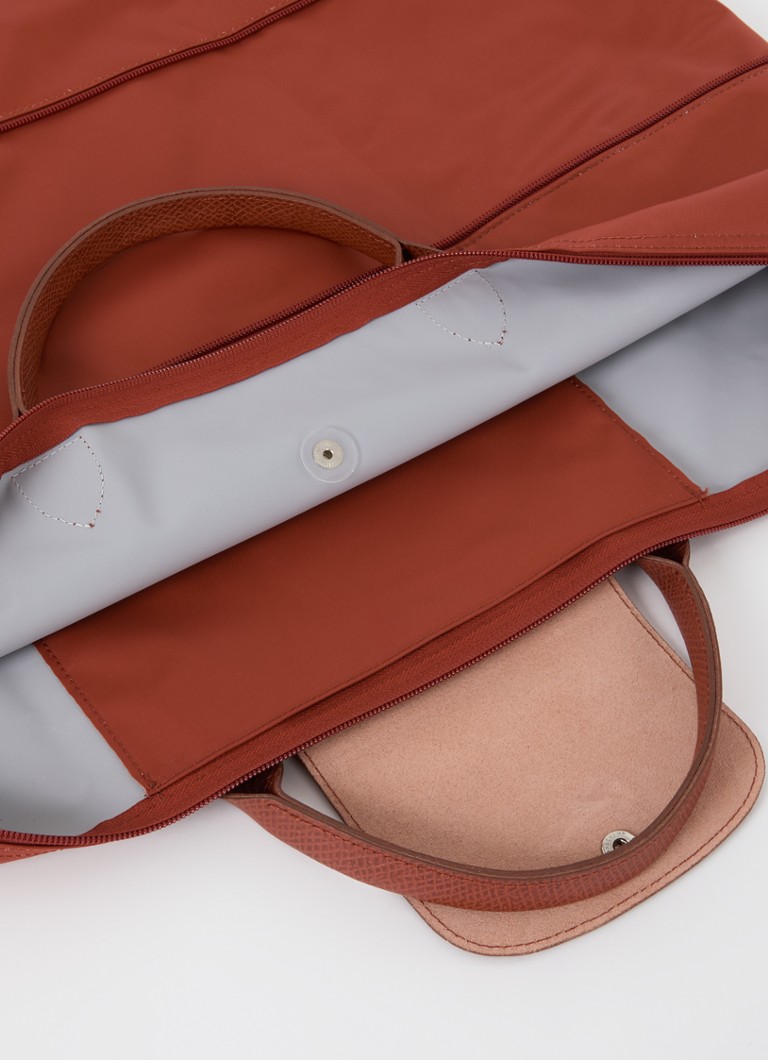 Longchamp Le Pliage Green laajennettava matkalaukku nahkayksityiskohdilla