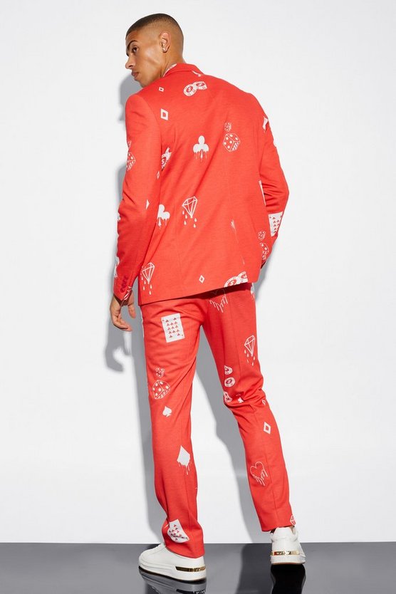 Kastige Oversize Anzugjacke mit Karten-Print
