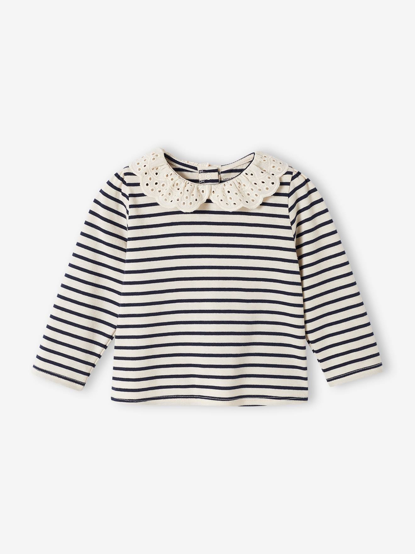 Vertbaudet Baby Shirt mit besticktem Kragen Oeko-Tex - marine gestreift