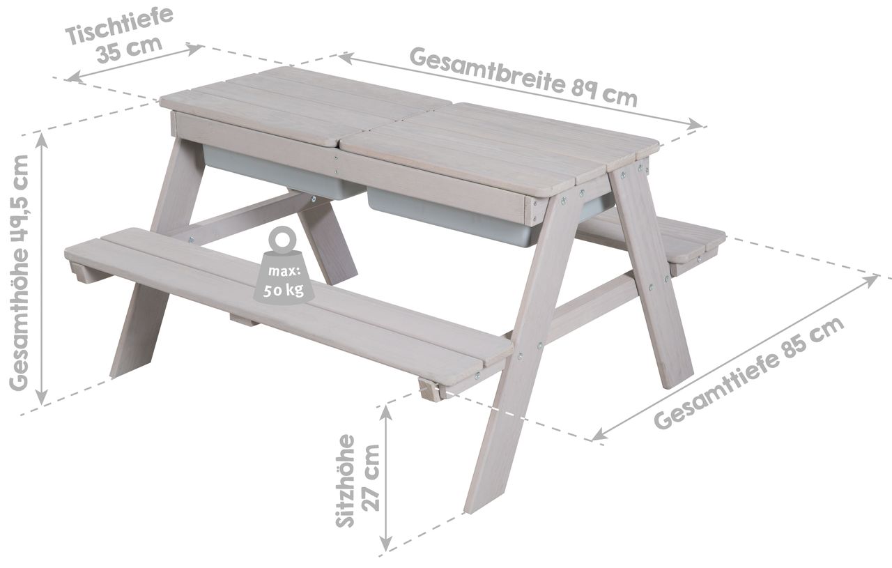 Roba Kindersitzgarnitur Outdoor  mit Spielwannen, wetterfeste Massivholz Sitzgarnitur & Matschtisch