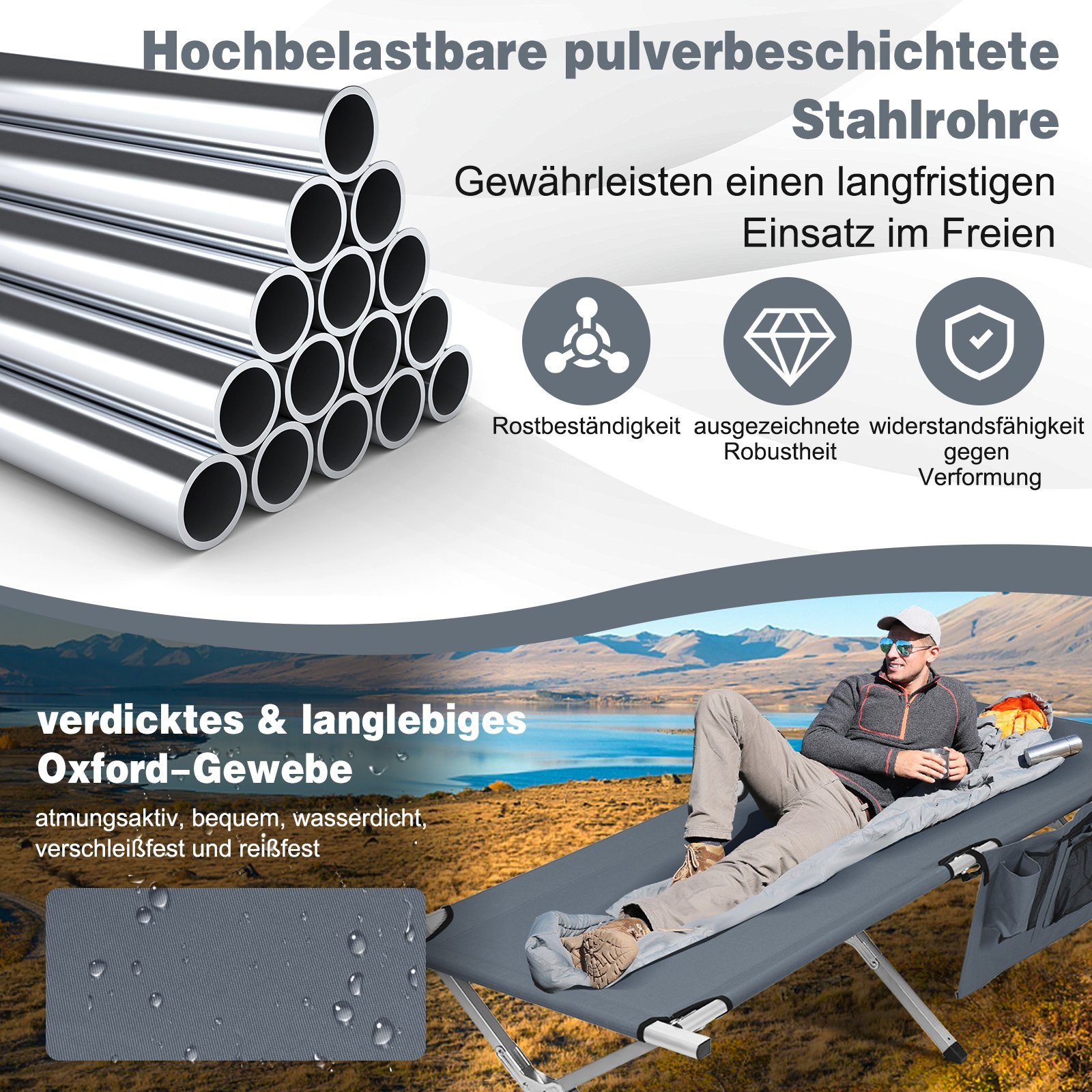 COSTWAY Feldbett Campingbett klappbar, mit Seitentasche, 130kg belastbar