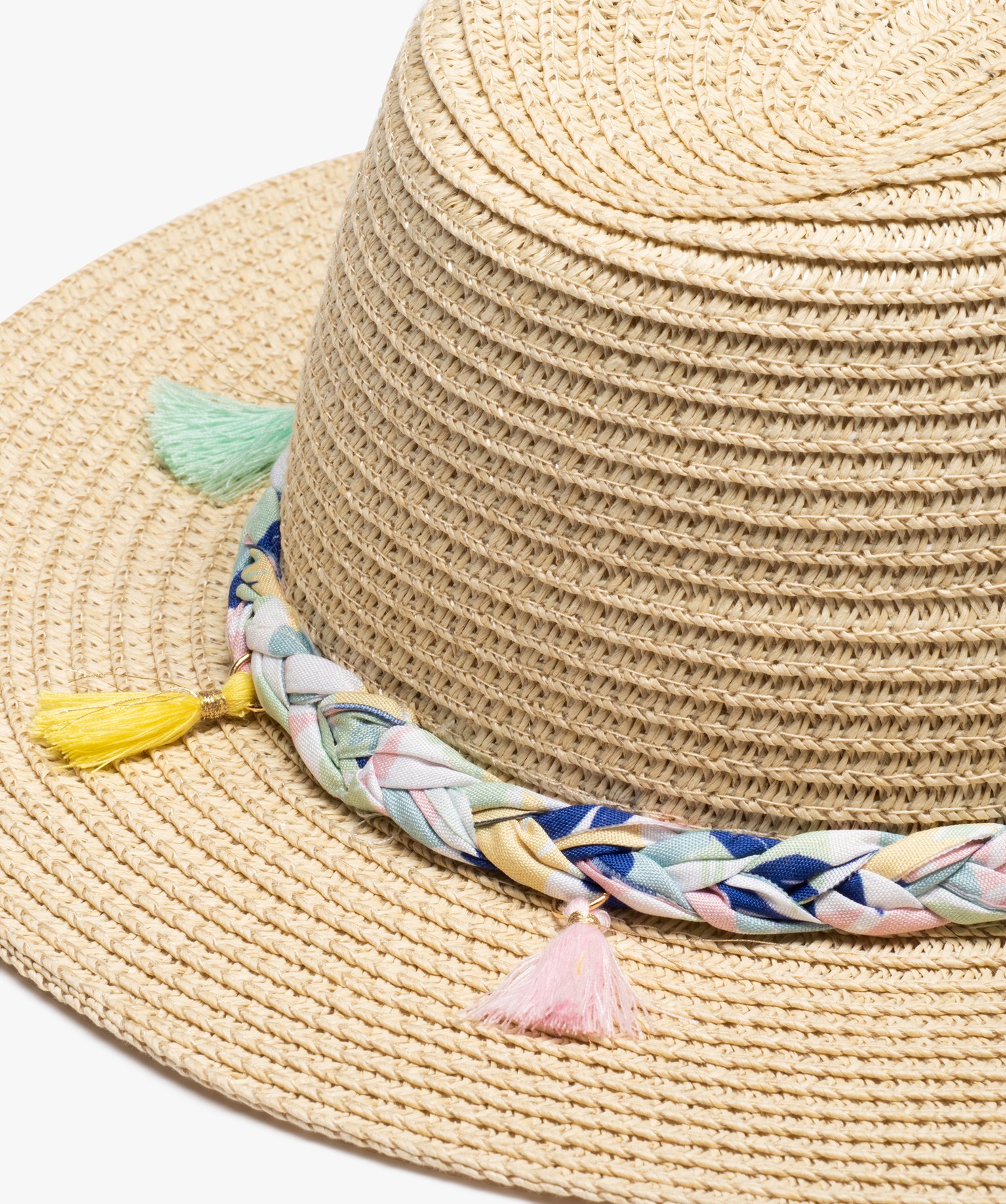 Chapeau fille en paille avec tresse et pompons beige | GEMO