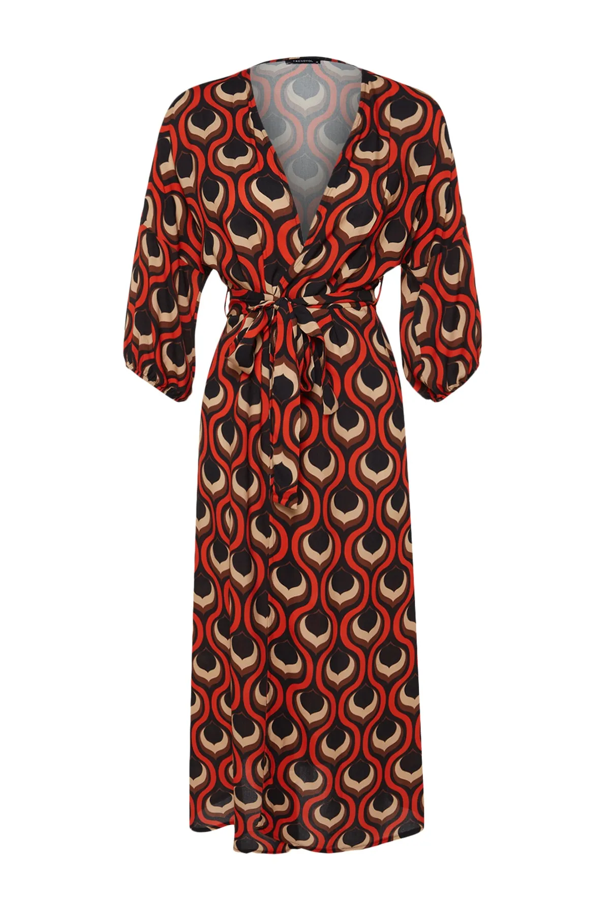 Trendyol Collection  Gewebter Maxi-Kimono und Kaftan mit geometrischem Muster, Gürtel und Ballonärmeln TBESS23KM00046