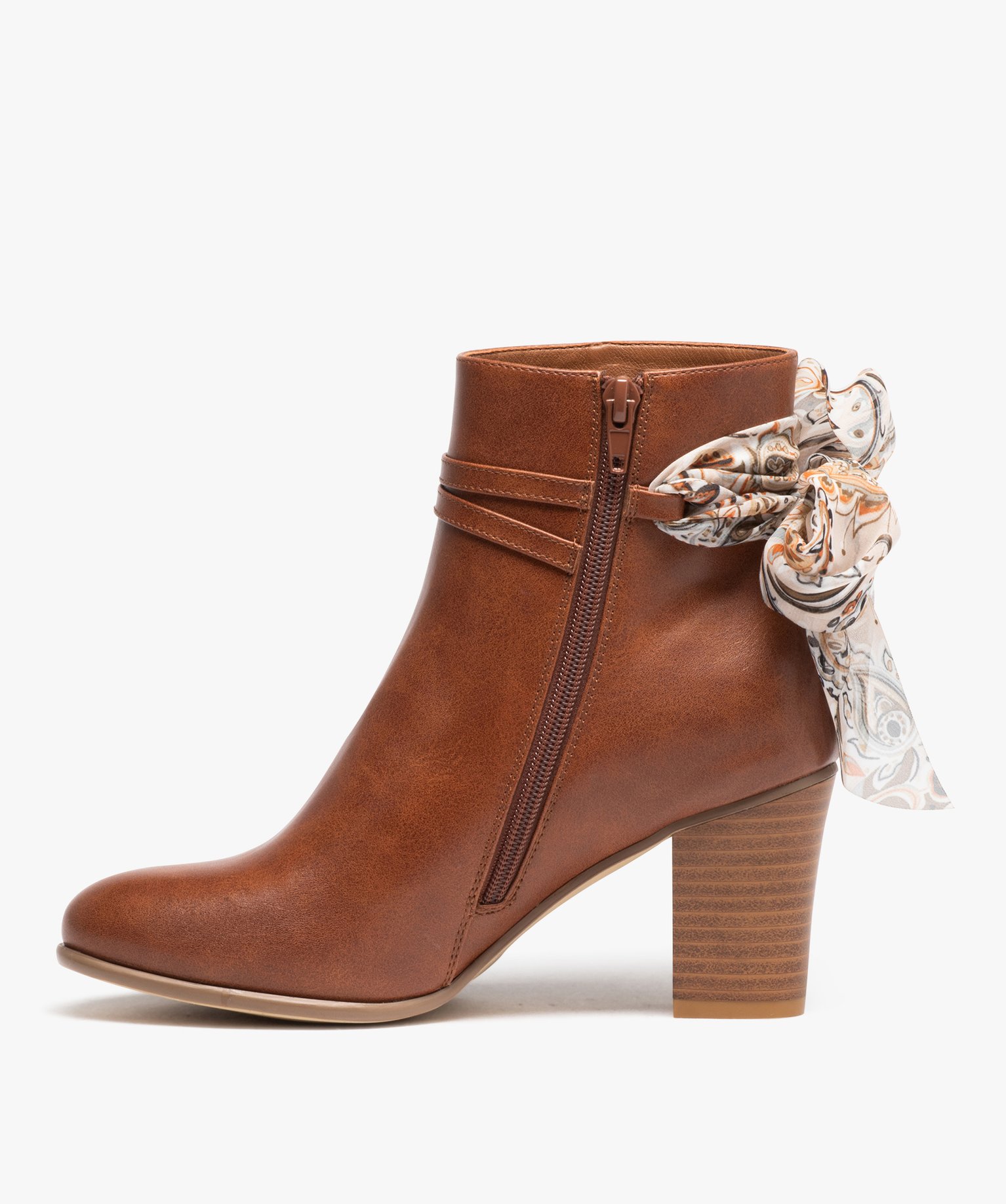 Boots femme à talon avec dessus uni et bride foulard camel | GEMO