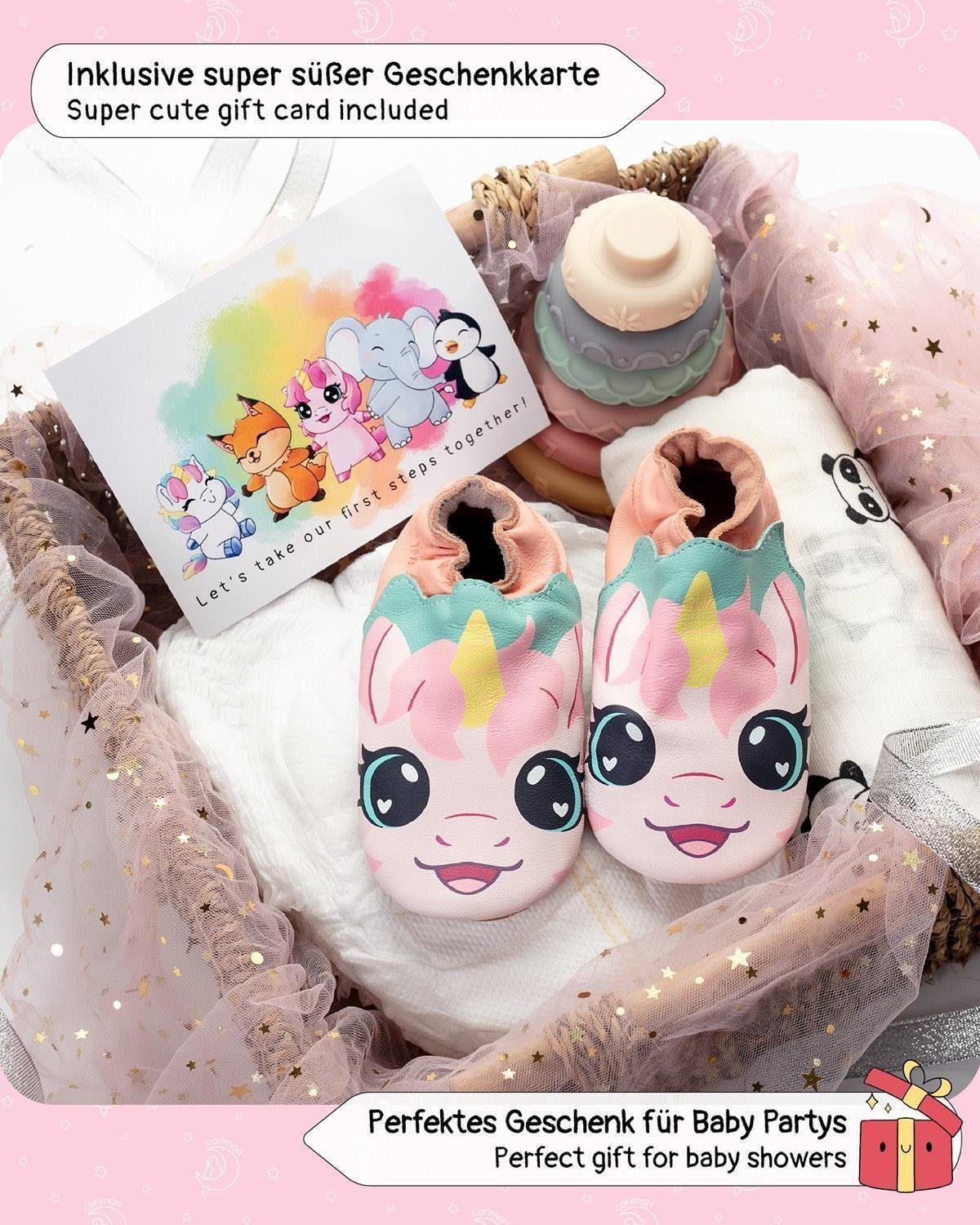 Corimori Baby-Schuhe Lauflernschuhe Krabbelschuhe Echt-Leder Mädchen Jungen Lauflernschuh (Packung) Süße Lauflernschuhe, Lederschuhe, Barfußschuhe, Einhorn, 12-18 Monate