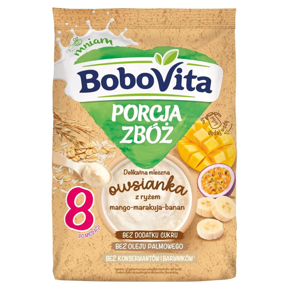 Bobowita dribsnių porcijinė pieno košė su ryžiais, mangais, pasifloromis ir bananais