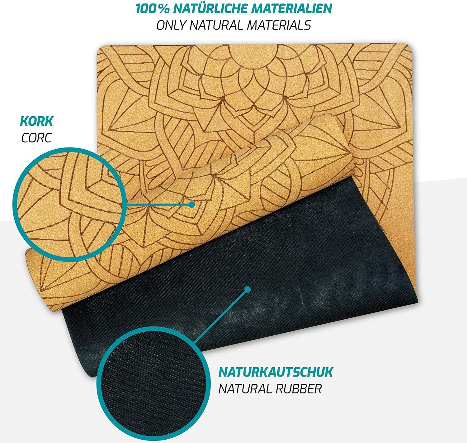 BANTERS Yogamatte aus Kork und Naturkautschuk, 100% recyclebar, 183x61x0,5 cm, mit Gurt aus Baumwolle