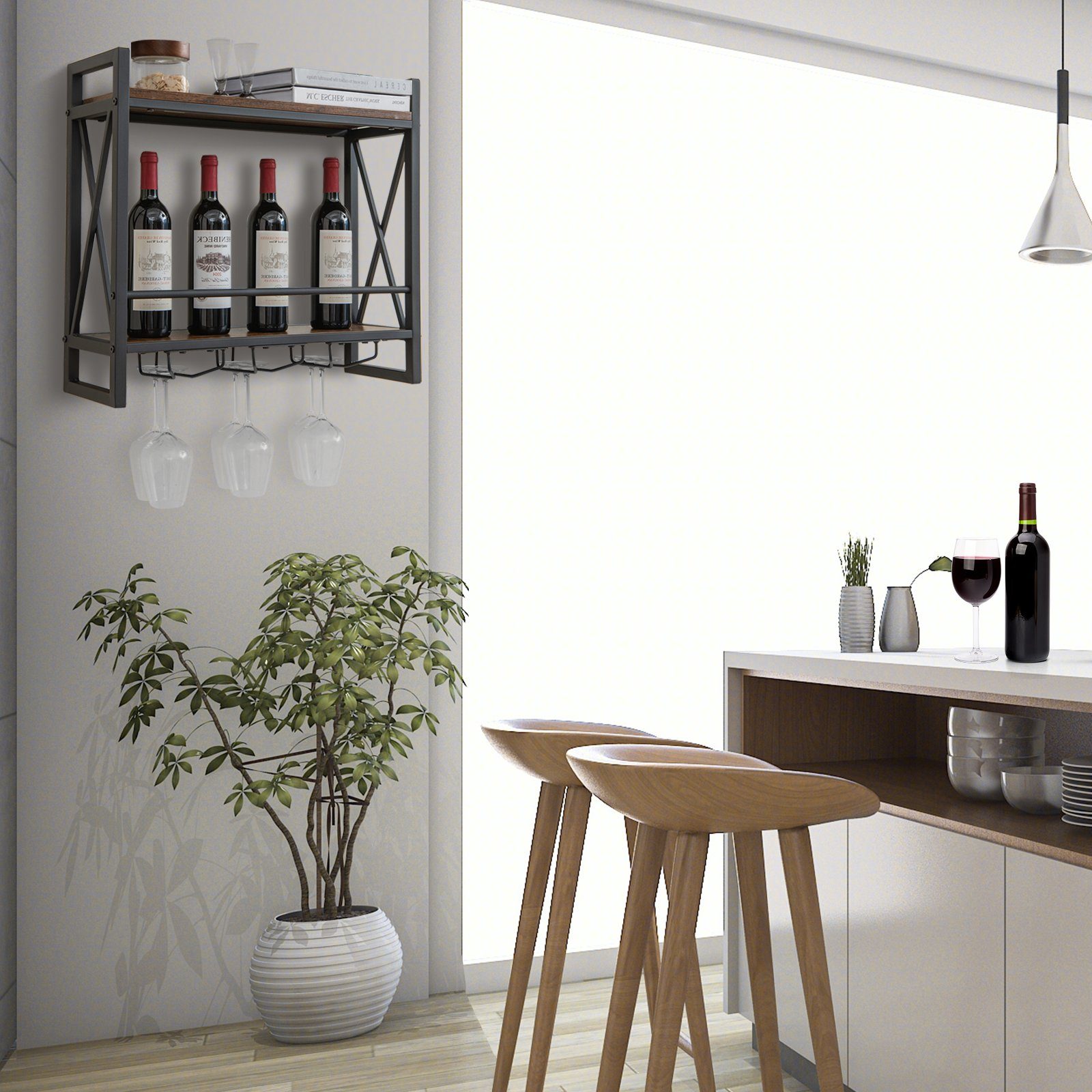 COSTWAY Weinregal, Wand, Holz mit Metallrahmen, Weingläserhalter, 20x60x55cm