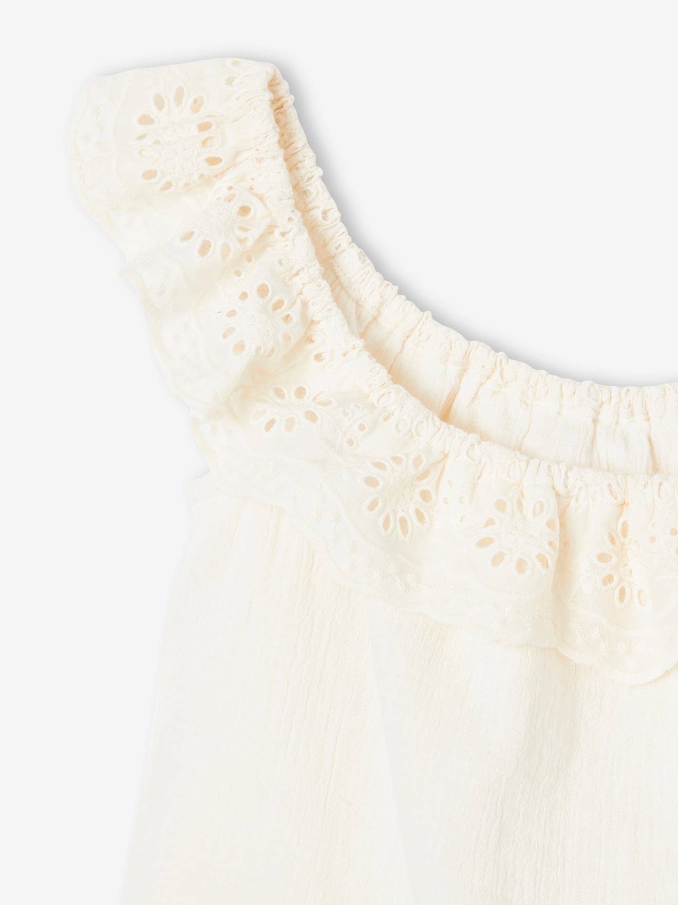 Ensemble en gaze de coton débardeur volanté et short fille écru