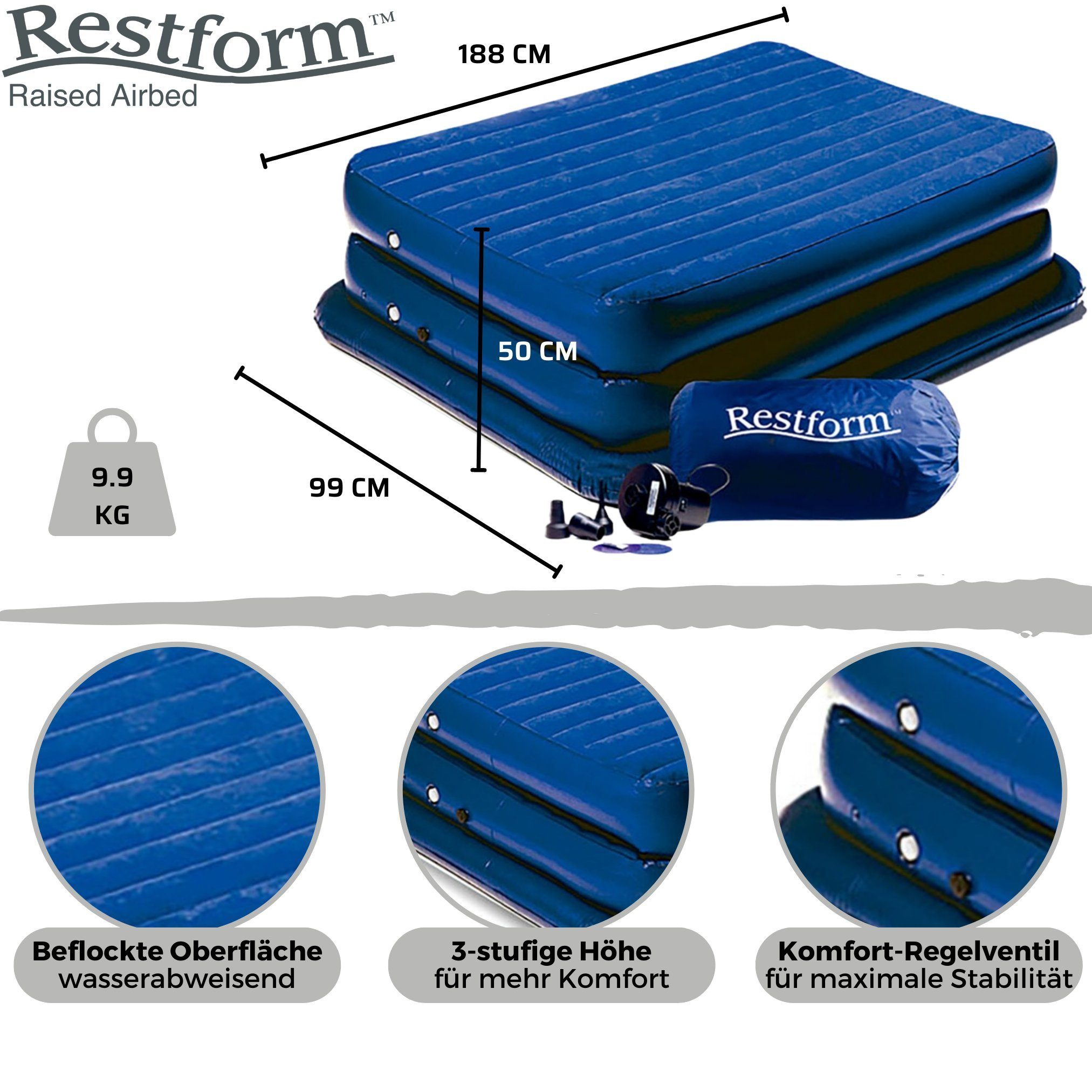 Restform® Luftbett High Raised Airbed Single, (Set, teilig), Aufblasbare Matratze für 1 Person, 90x190, mit elektrischer Pumpe