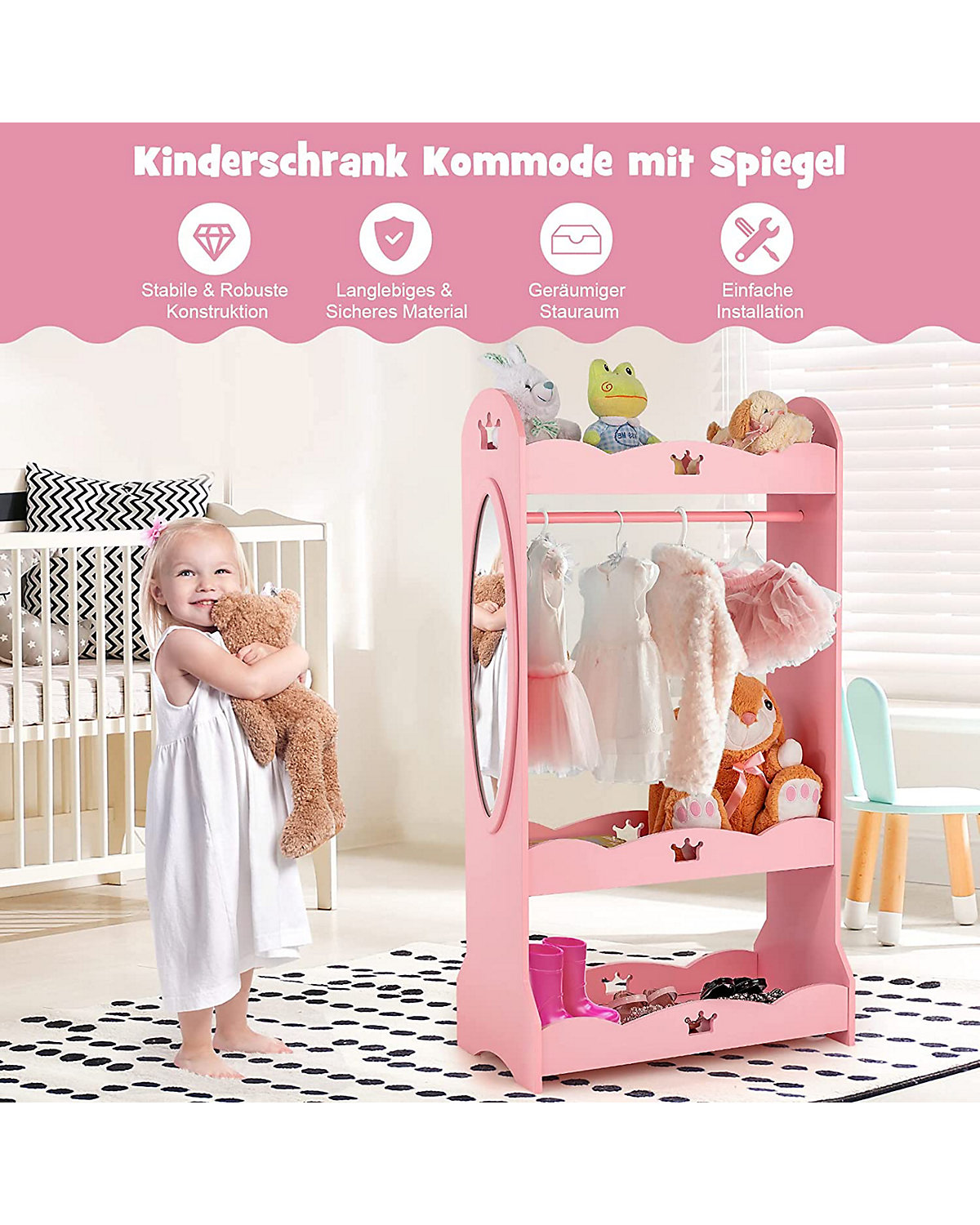 Kleiderschrank Kinder mit Spiegel 3 Ebenen