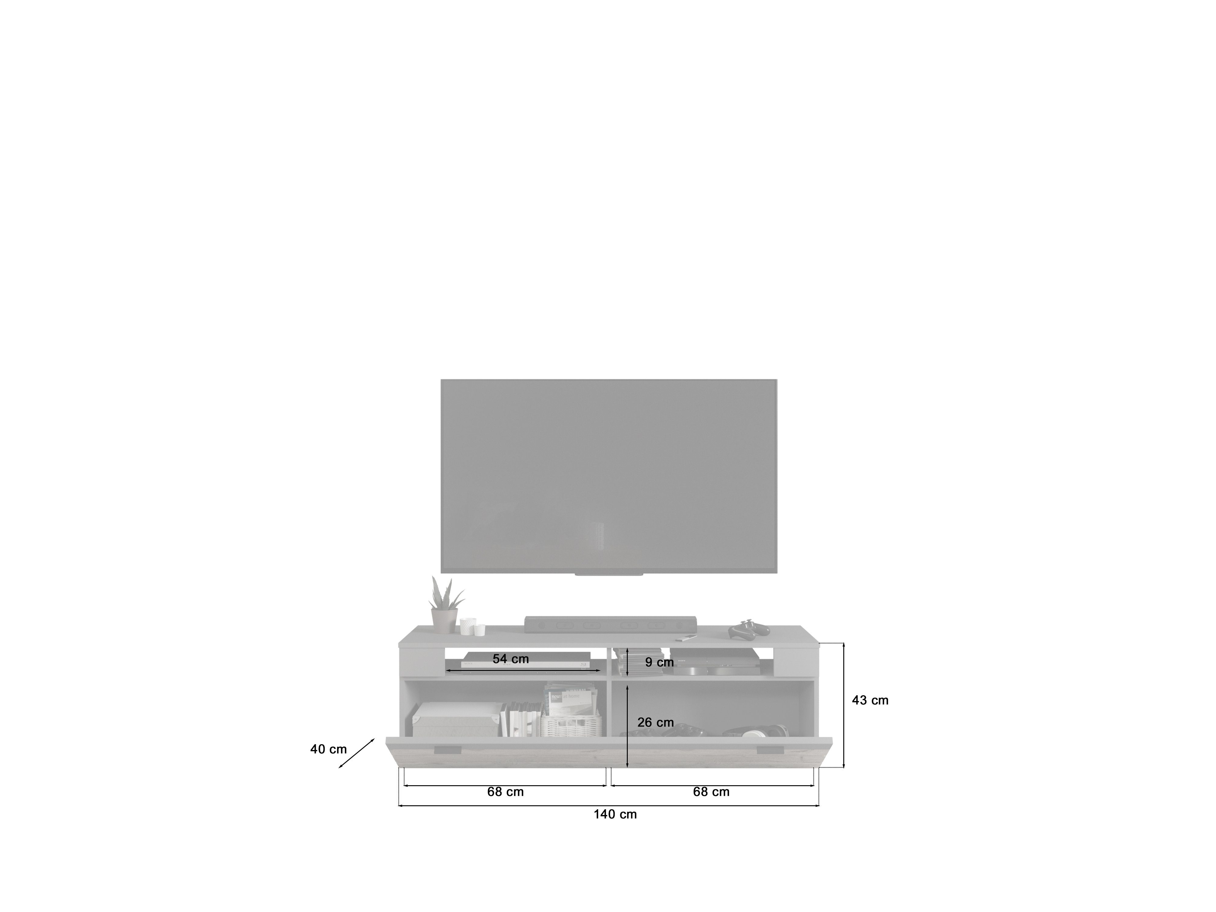 the kuup TV-Rack TV Lowboard Flach I Korpus & Fronten Matt Grau I Rahmen Nox Oak Eiche, Modell TK4