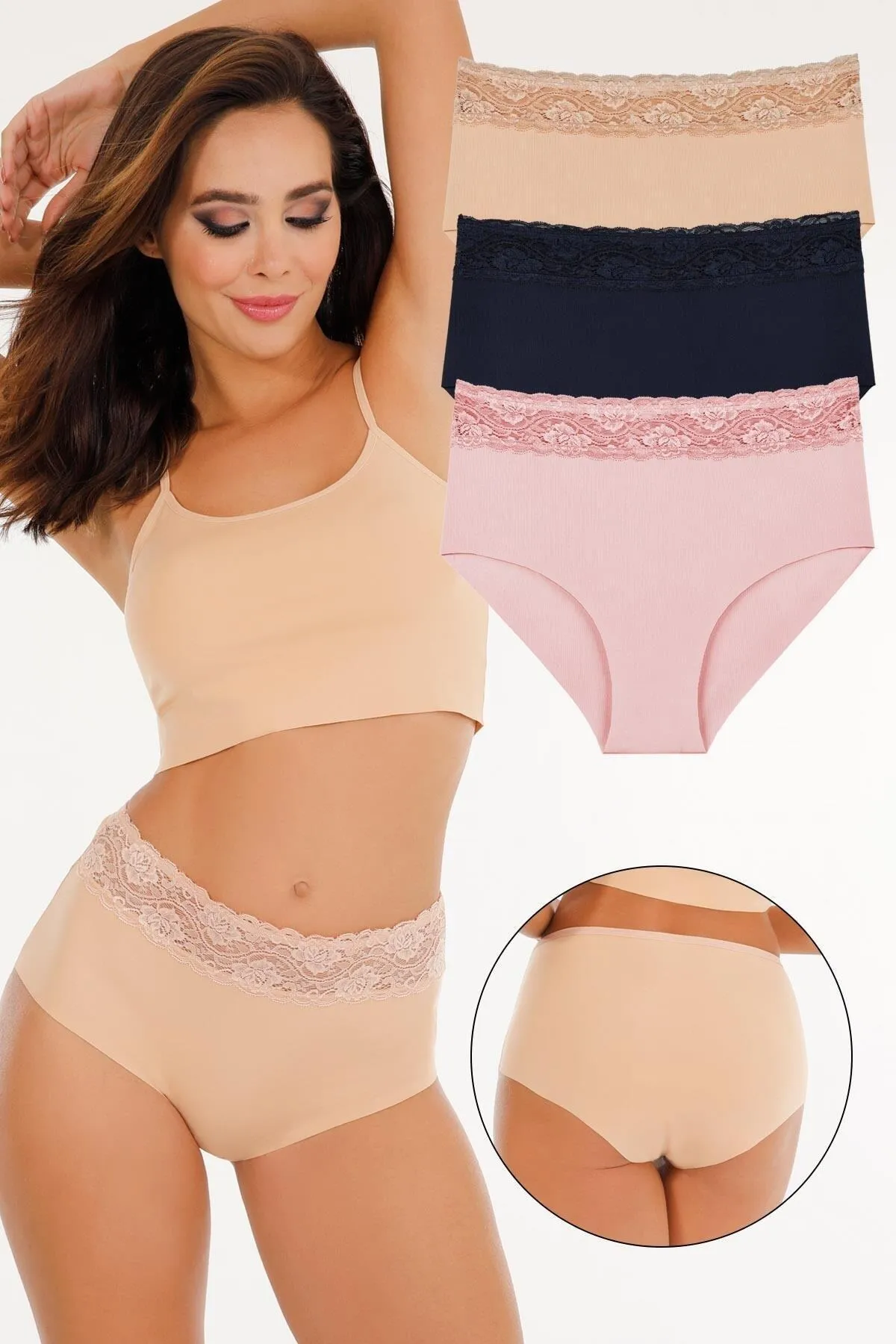 Sensu  Lasergeschnittenes 3-teiliges Höschenset aus Spitze mit hoher Taille für Damen – Kts3105