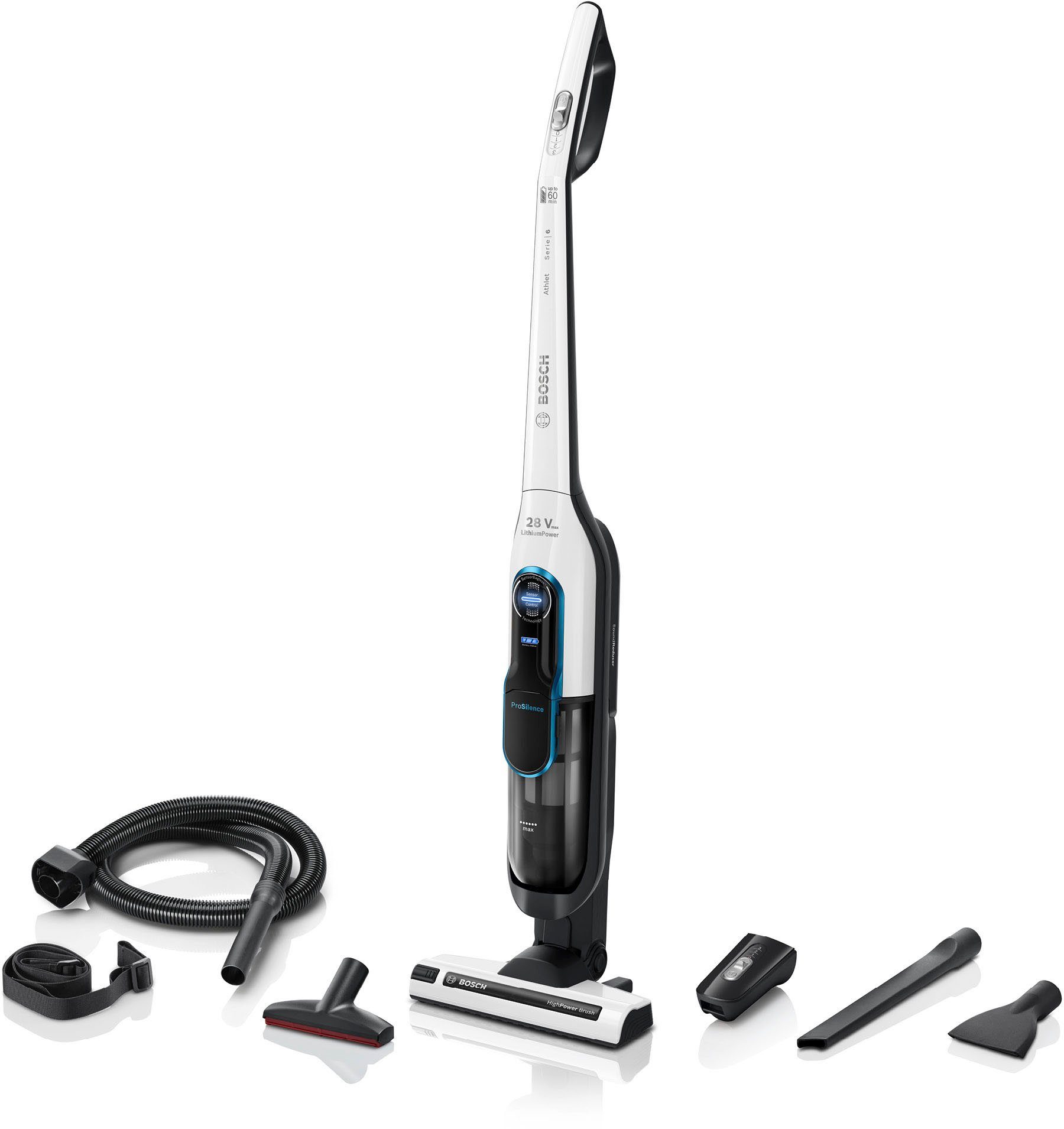 BOSCH Akku-Stielstaubsauger Athlet BKH86SIL1, ProSilence 28V, beutellos, extra leise, inkl. Zubehör-Set, 60 Min. Laufzeit