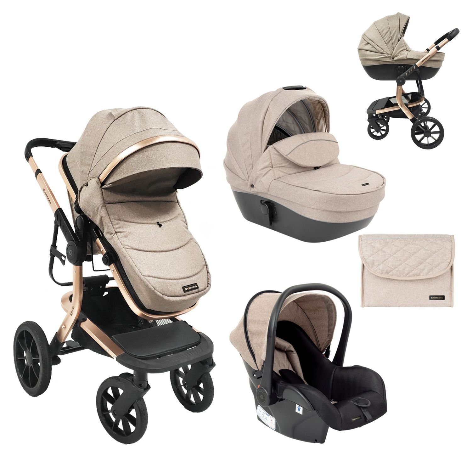 Kikkaboo Kombi-Kinderwagen Kombikinderwagen Irene 3 in 1, Babywanne Autositz Adapter Wickeltasche