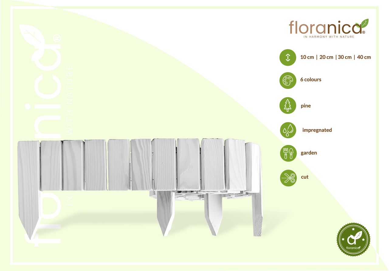 Pemicont Floranica Rollborder II Flexibler Holzzaun 203cm Höhe: 10cm Weiß Imprägniert Kiefernholz Beeteinfassung Rasenkante Palisade Beetumrandungen