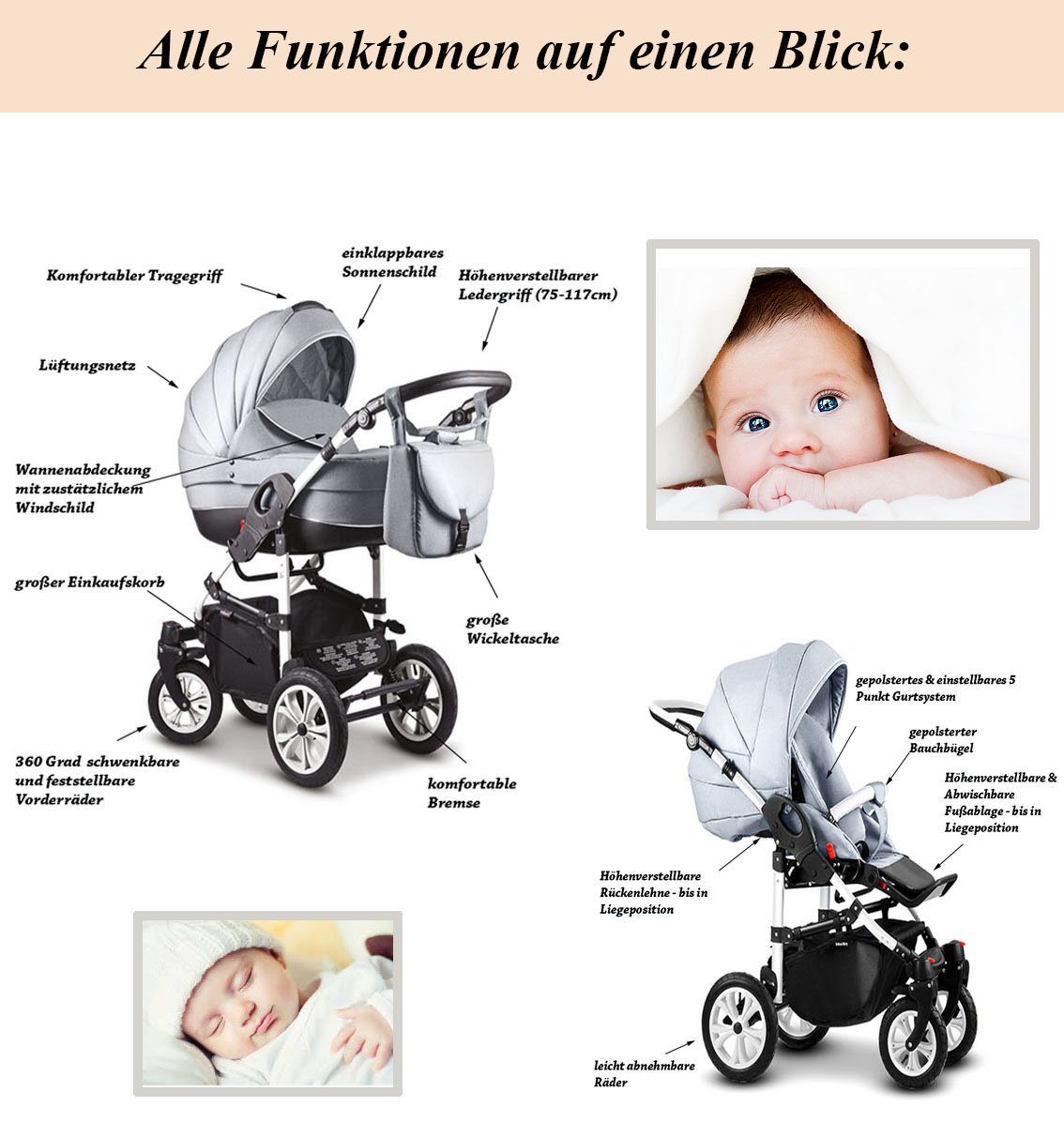 babies-on-wheels Kombi-Kinderwagen 3 in 1 Kinderwagen-Set Cosmo ECO - 16 Teile - in 29 Farben