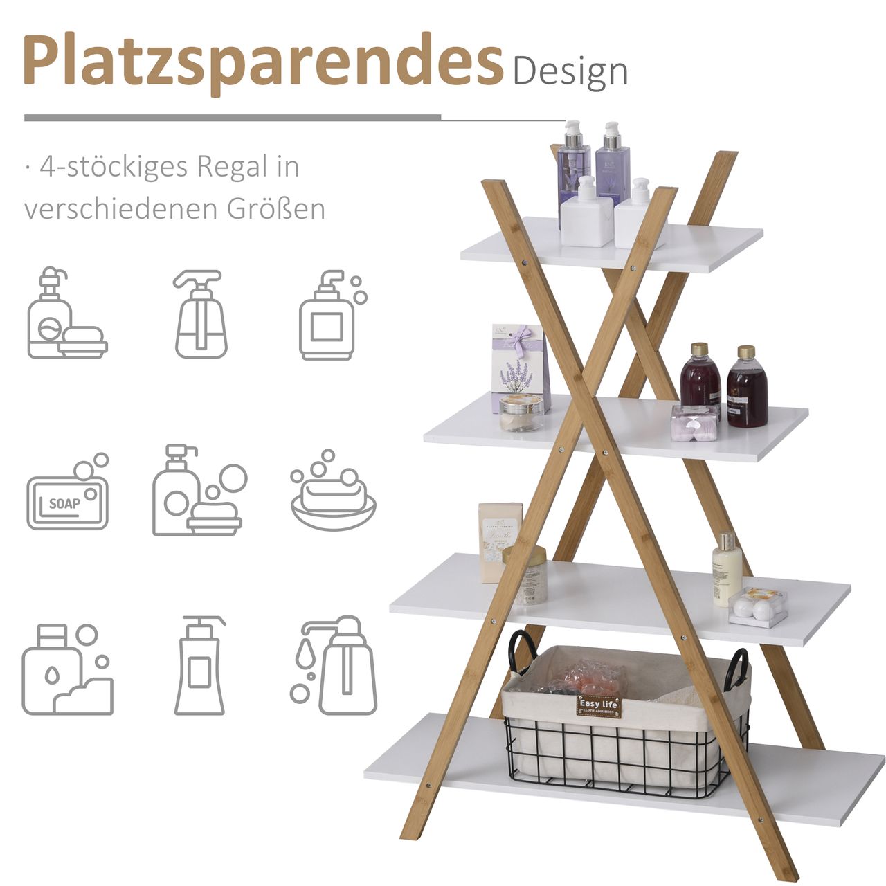 HOMCOM kleankin Badregal, 4 Ebenen Treppenregal, Leiterregal, Badezimmer, Bambus, Natur Weiß, 80 x 33 x 109 cm