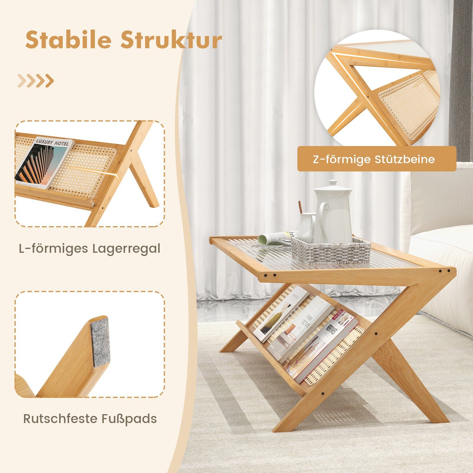 COSTWAY Couchtisch, mit Glastischplatte&Rattan-Ablagefach, Bambus, rechteckig