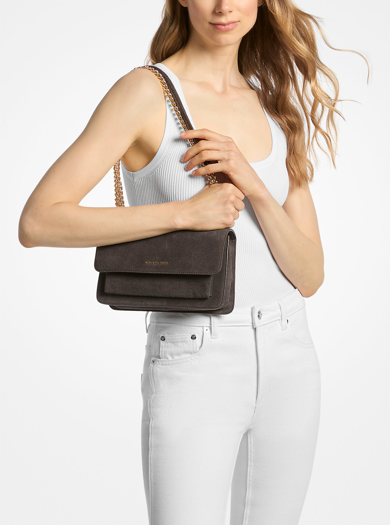 Claire Large Suede Shoulder Bag - CHOCOLATE