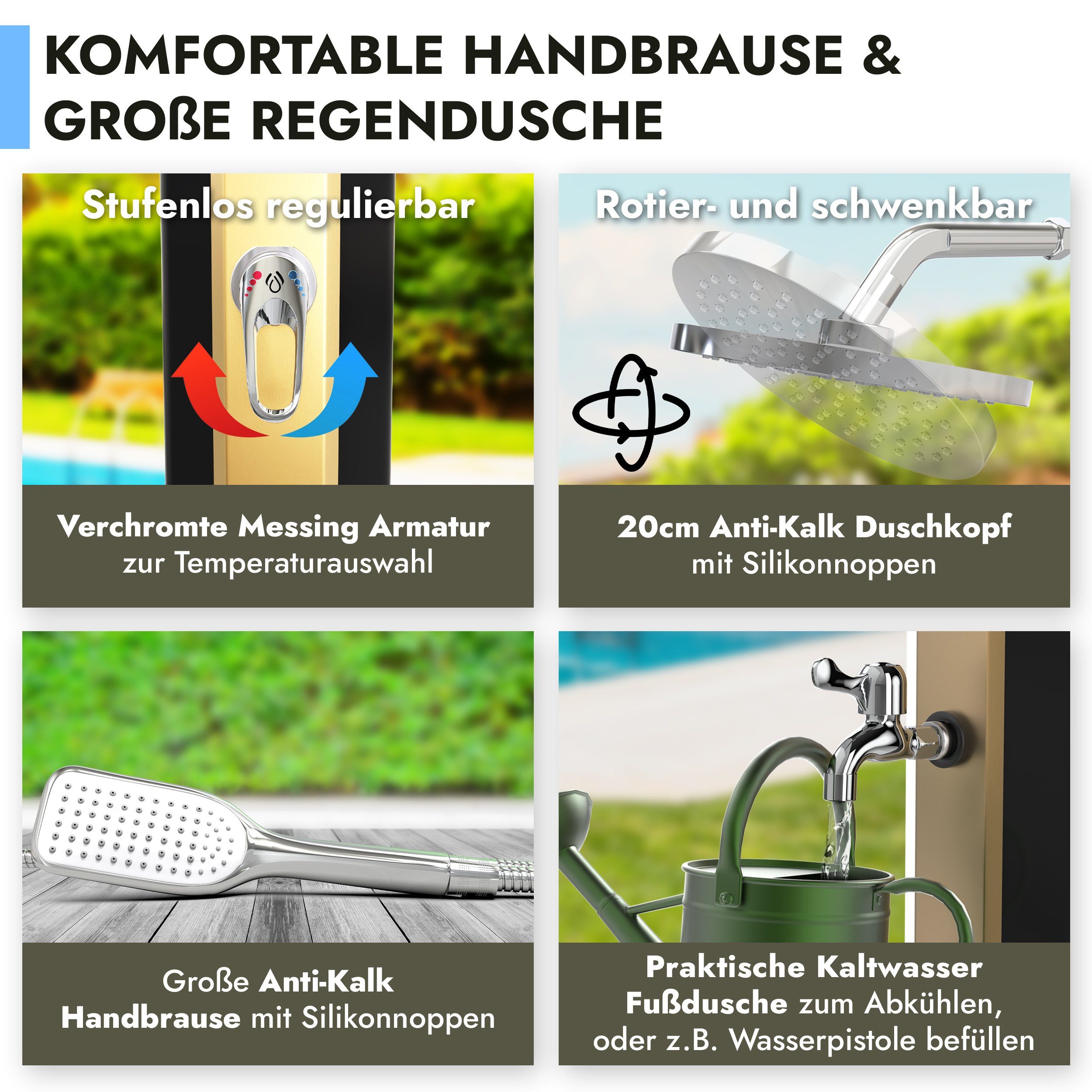dirks-traumbad Solardusche Garten 35 Liter mit Handbrause Gartendusche Außendusche (Set, mit Fußdusche, Anti Kalk Regendusche und Handbrause), 35L Tank