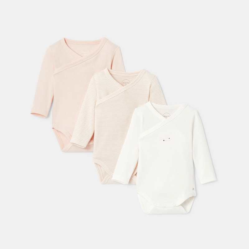 Lot de 3 bodies cœur croisé manches longues en jersey de coton bio rose naissance Absorba